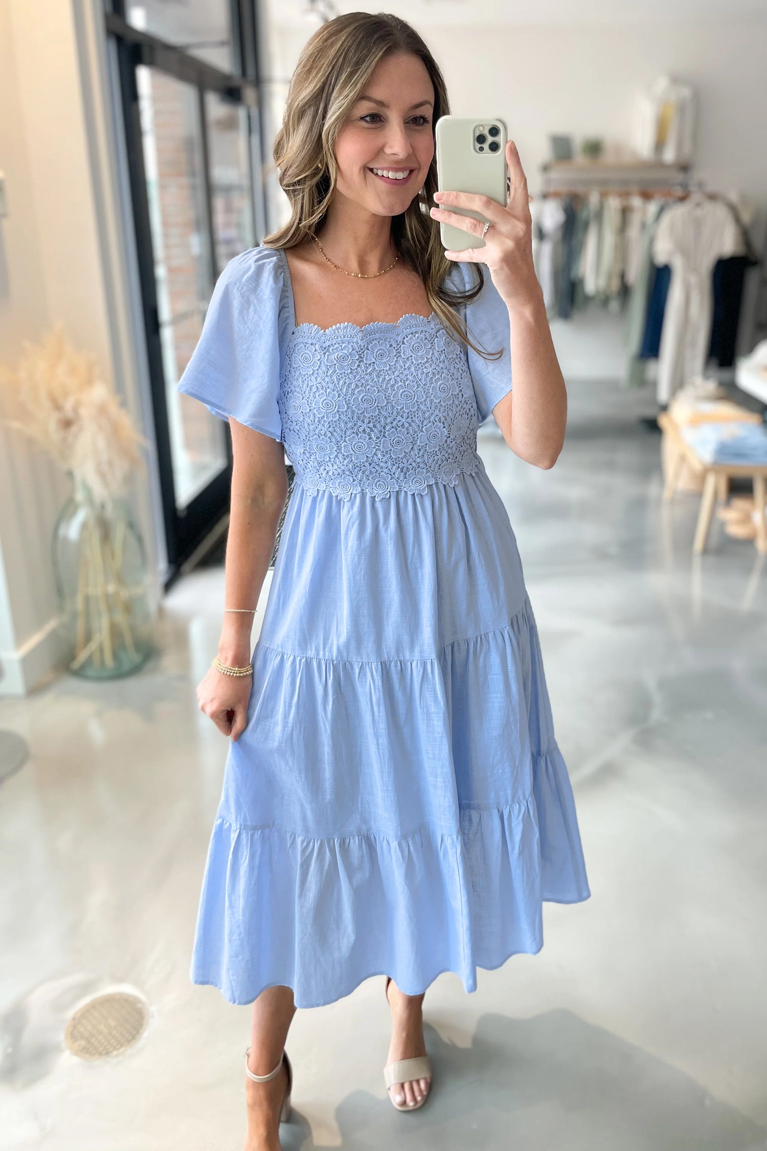Flowy Short Sleeve Lace Detail Square Neck Tiered Midi Dress
