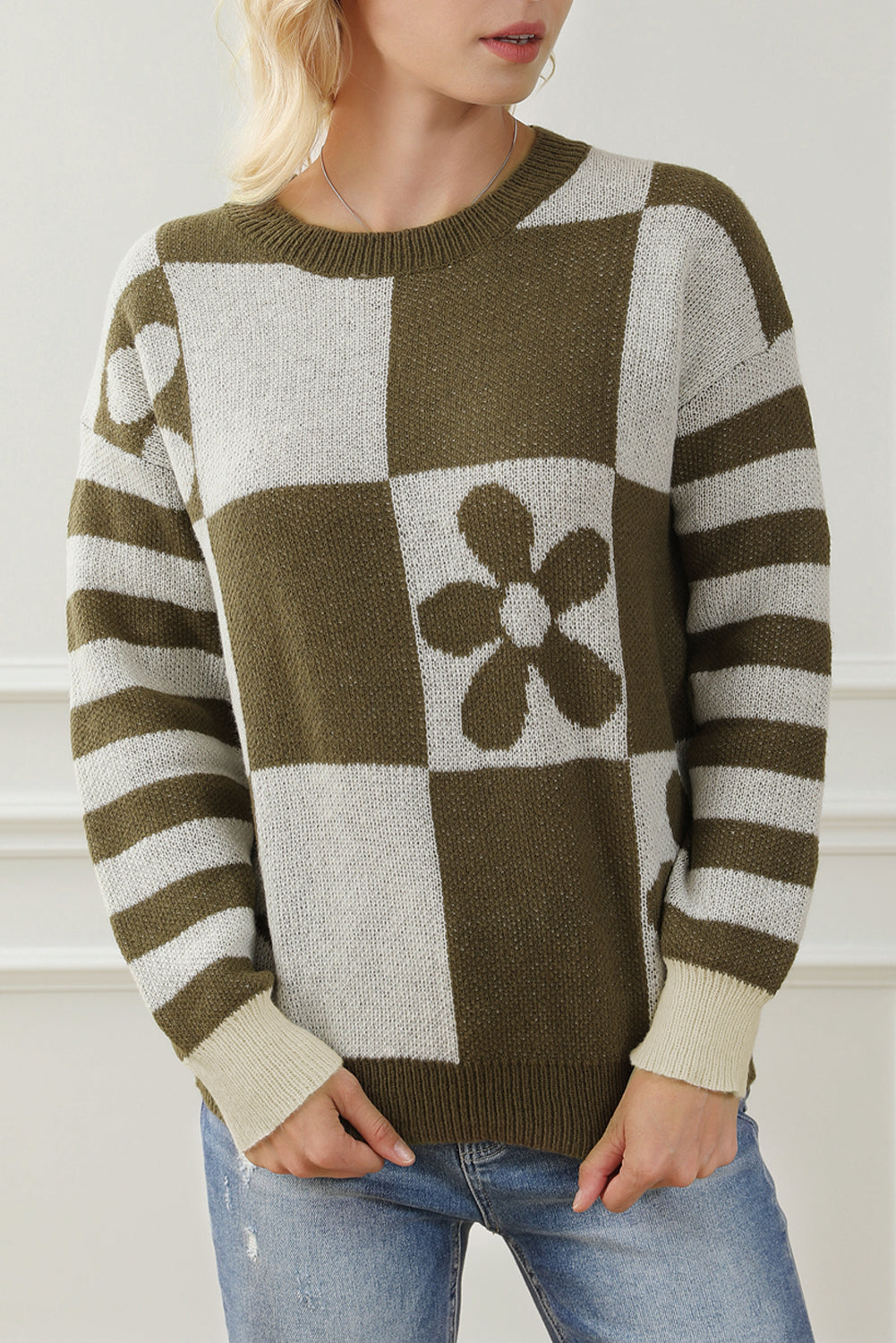 Brown Checkered Floral Print Striped Sleeve Sweater eAura