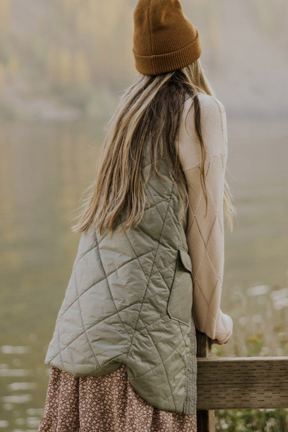 Grass Green Quilted Long Sleeveless Coat with Pockets eAura