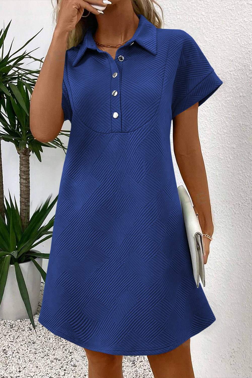 Sky Blue Solid Color Textured Short Sleeve A Line Mini Dress – Light Blue