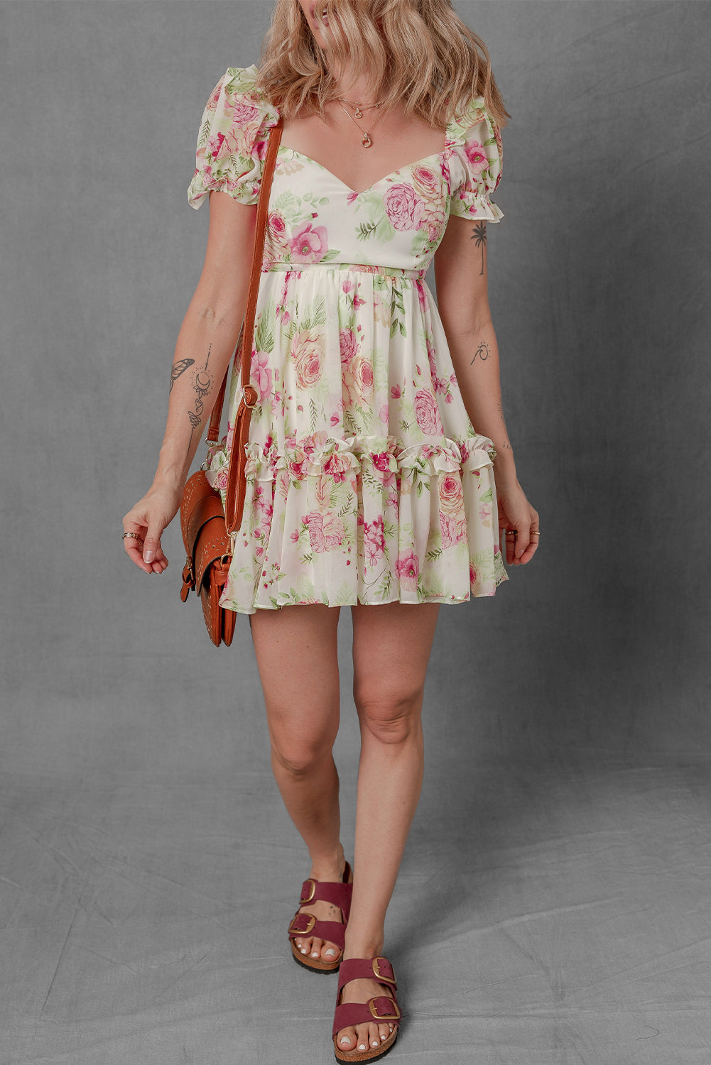 White Vibrant Floral Bubble Sleeve Sweetheart Neck Ruffle Mini Dress eAura