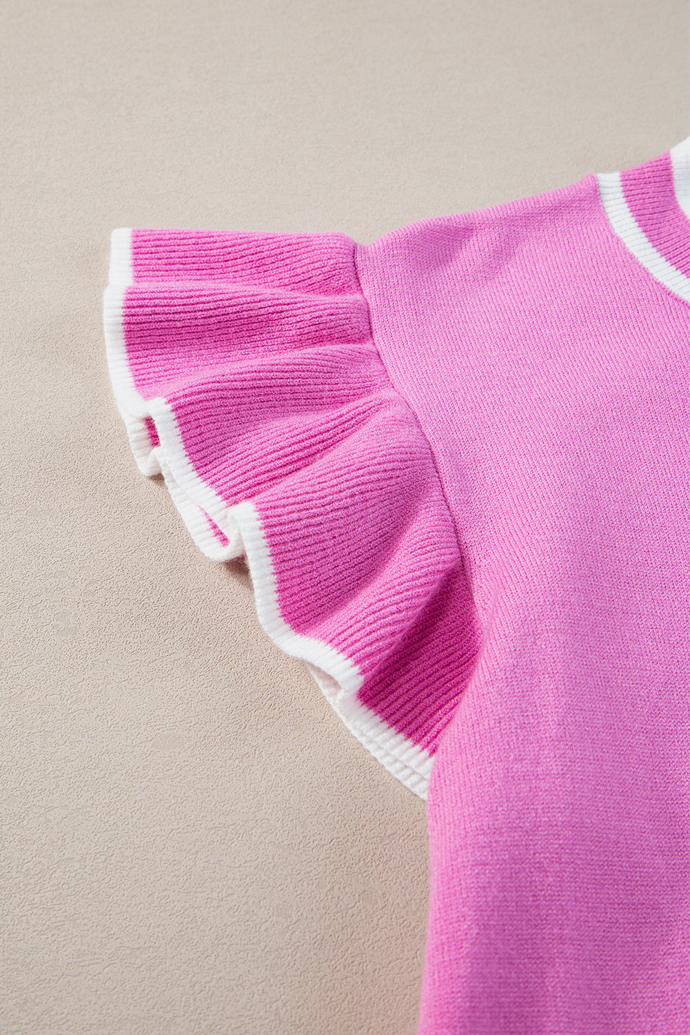 Bonbon Edge Piping Ruffled Sleeve Round Neck Knit Top eAura
