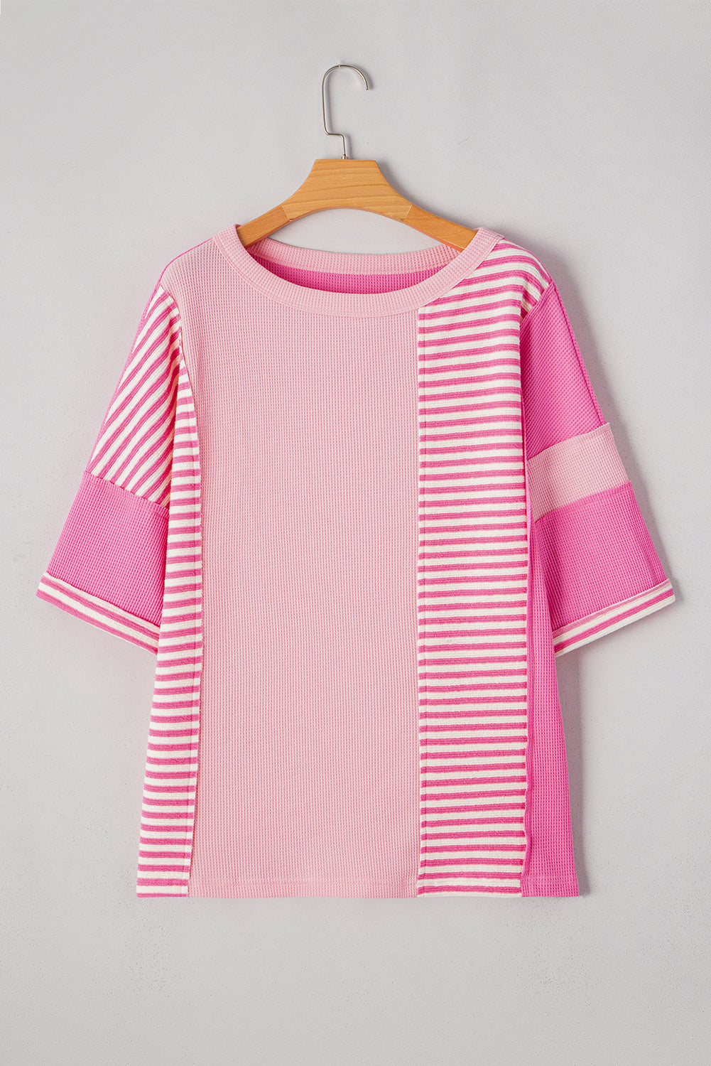 Pink Stripe Color Block Patchwork Loose Half Sleeve T Shirt BB Fashion Outlet