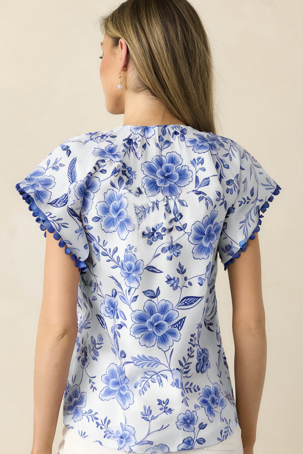 Blue Elegant Floral Print Ricrac Trim Short Sleeve Blouse eAura
