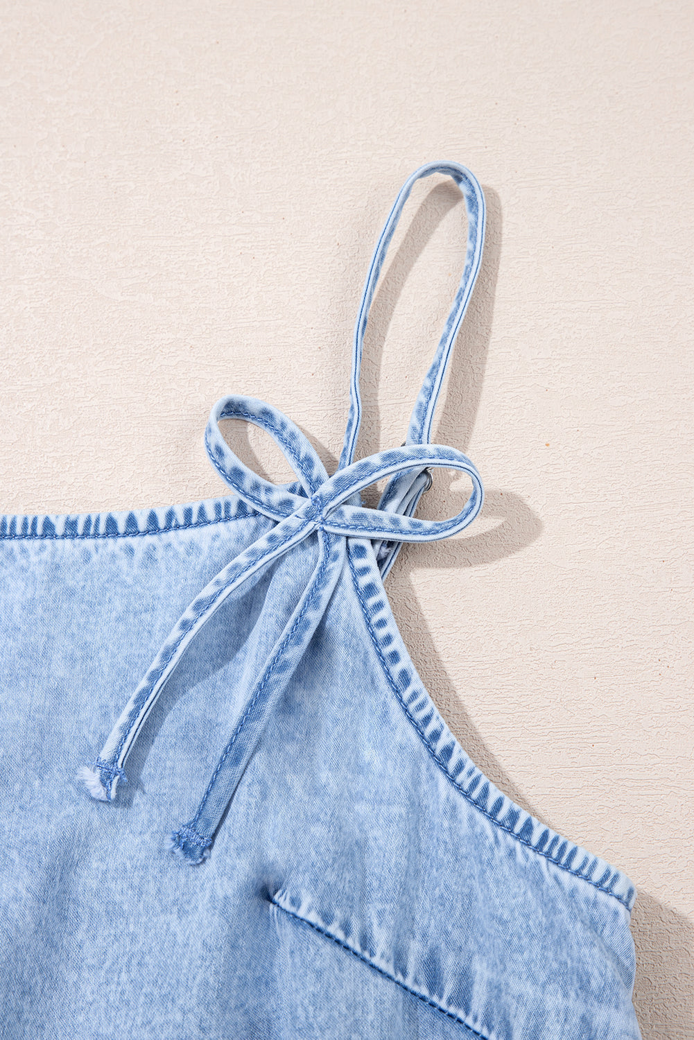 Beau Blue Bow Detail Spaghetti Straps Ruffle Hem Denim Short Dress eAura