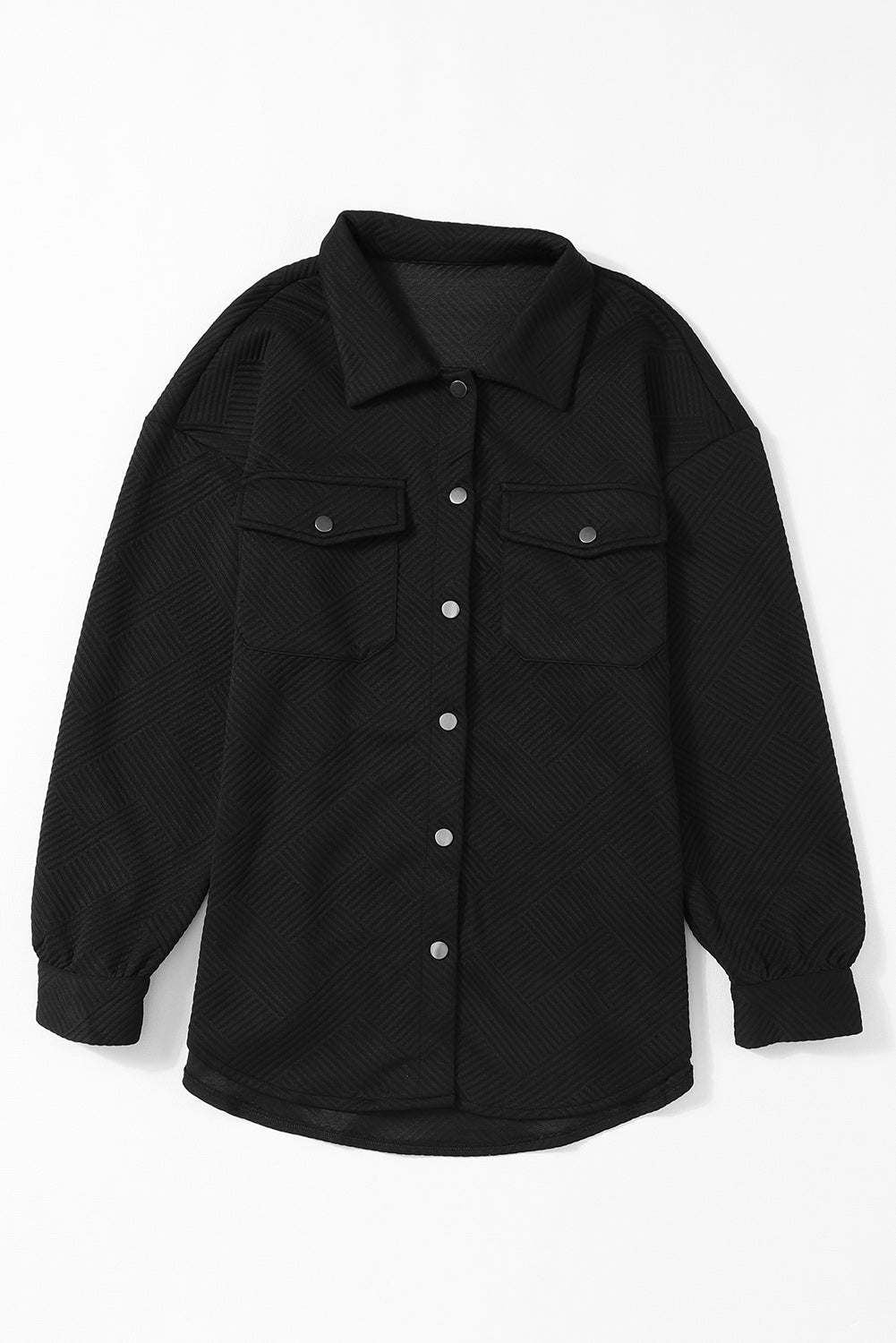 Black Solid Textured Flap Pocket Buttoned Shacket eAura