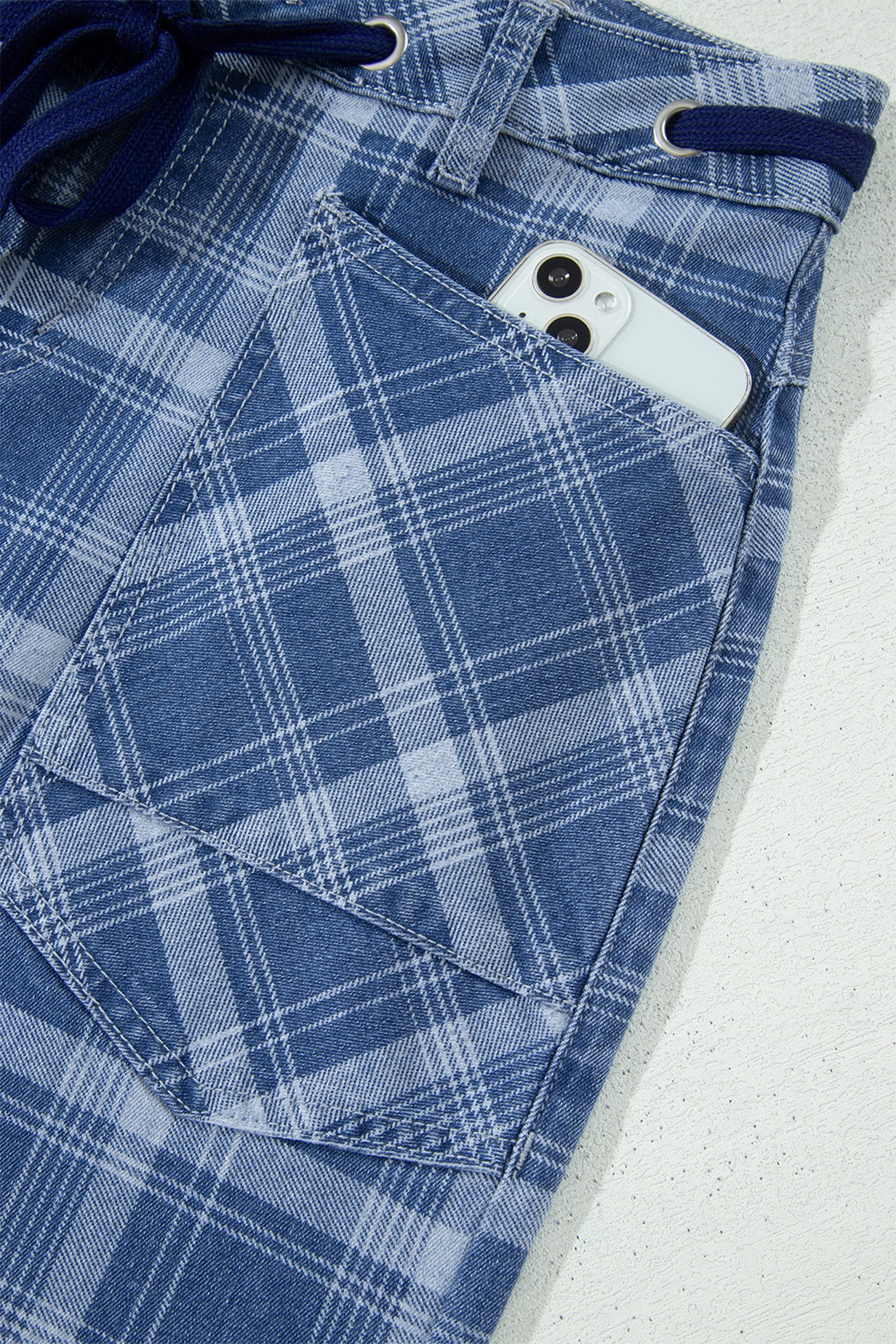 Sky Blue Plaid Denim Grommet Drawstring Waist Ankle-Length Jeans – Light Blue