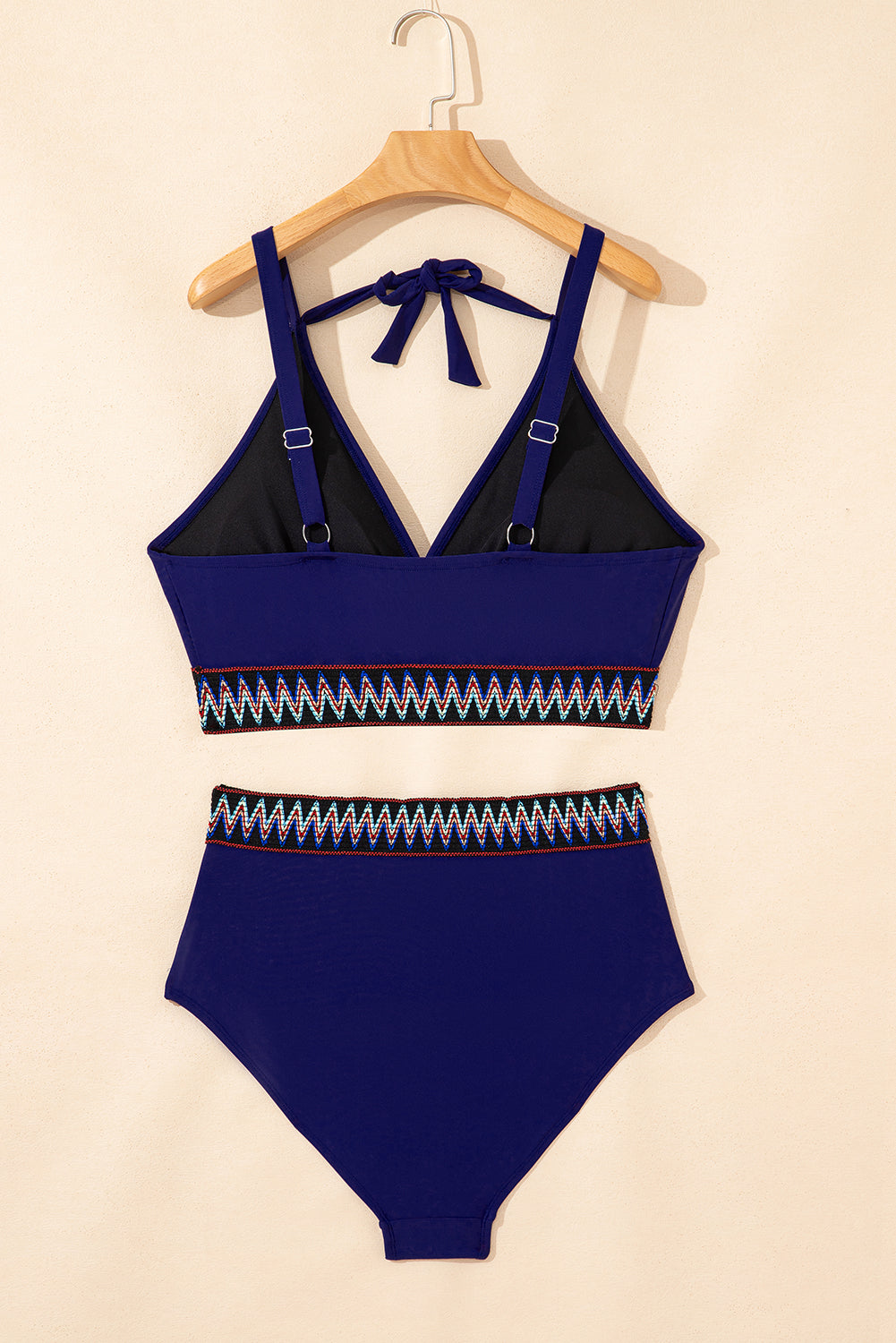 Navy Blue Embroidered Trim Wrap Tie Knot Plus Size High Waisted Bikini BB Fashion Outlet