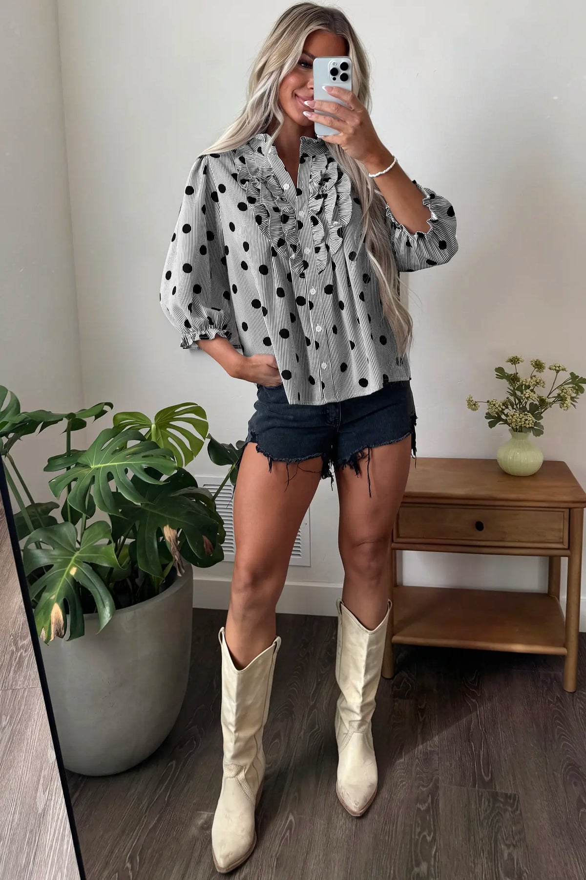 Polka Dot Striped Print Ruffle Stand Neck 3/4 Sleeve Shift Shirt – Black White
