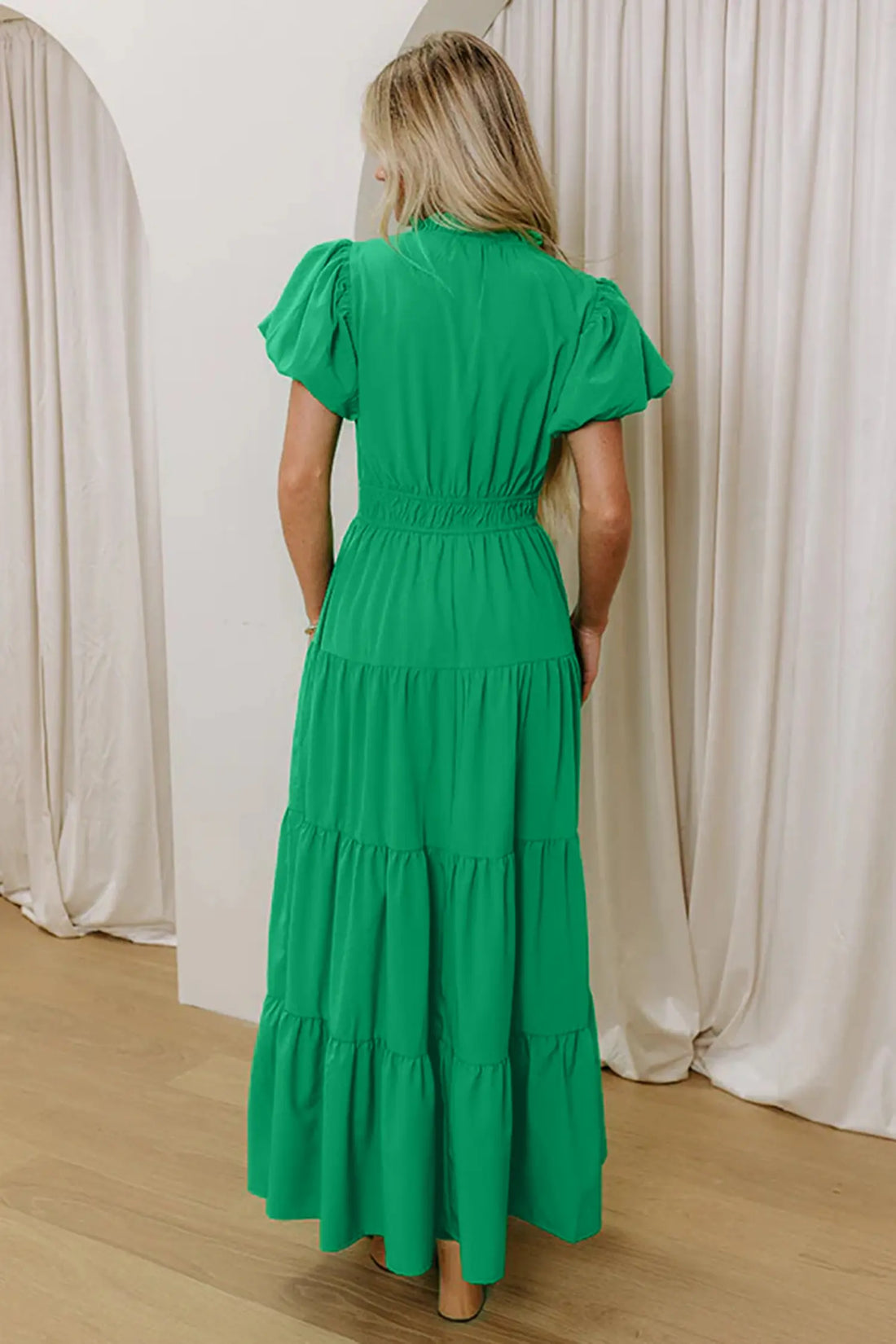 Women's V-Neck Puff Sleeve Tiered Maxi Dress
