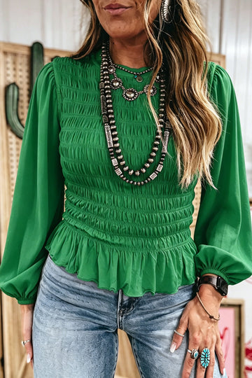 Solid Color Smocked Ruffle Hem Long Sleeve Blouse – Bright Green