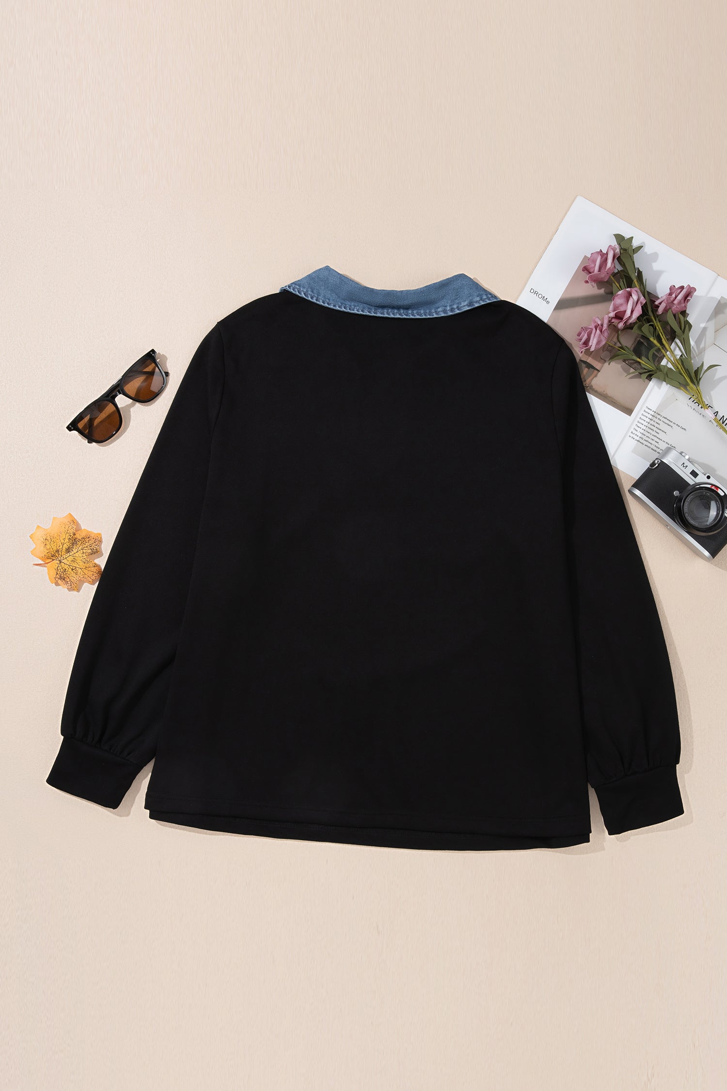 Solid V Neck Tunic Shift Long Sleeve Plus Size Blouse – Black