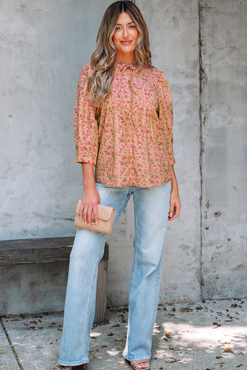 Floral Print Bow Pintuck Bust Half Puff Sleeve Blouse eAura