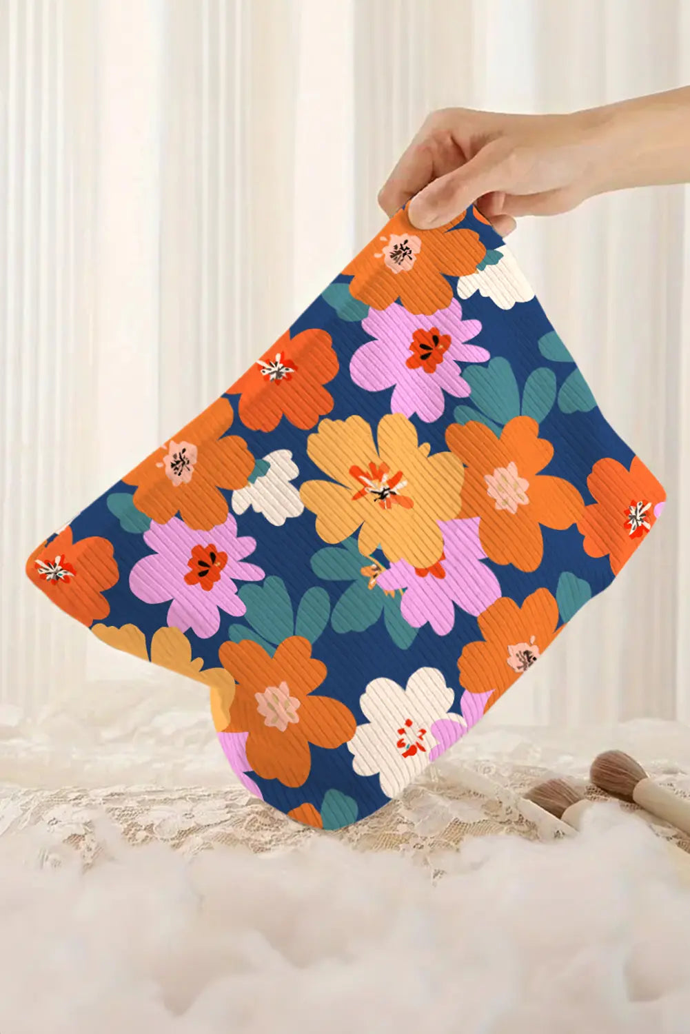 Ashleigh Blue Flower Print Zipper Ribbed Large Cosmetic Bag