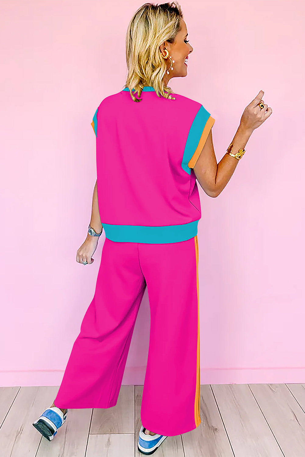 Strawberry Pink Color Block Detail Casual Two-piece Set BB Fashion Outlet