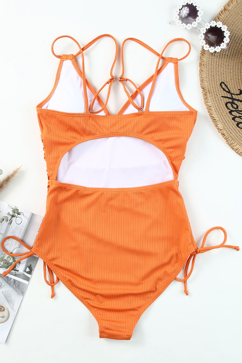 Orange Adjustable Straps Ribbed Knit One Piece Swimsuit eAura