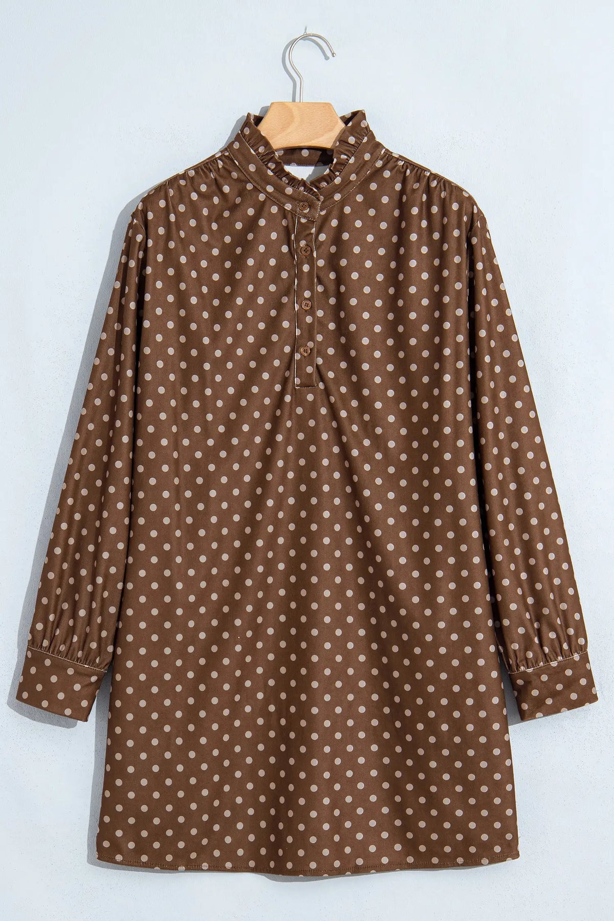 Polka Dot V Neck Long Sleeve Button Shift Dress – Brown