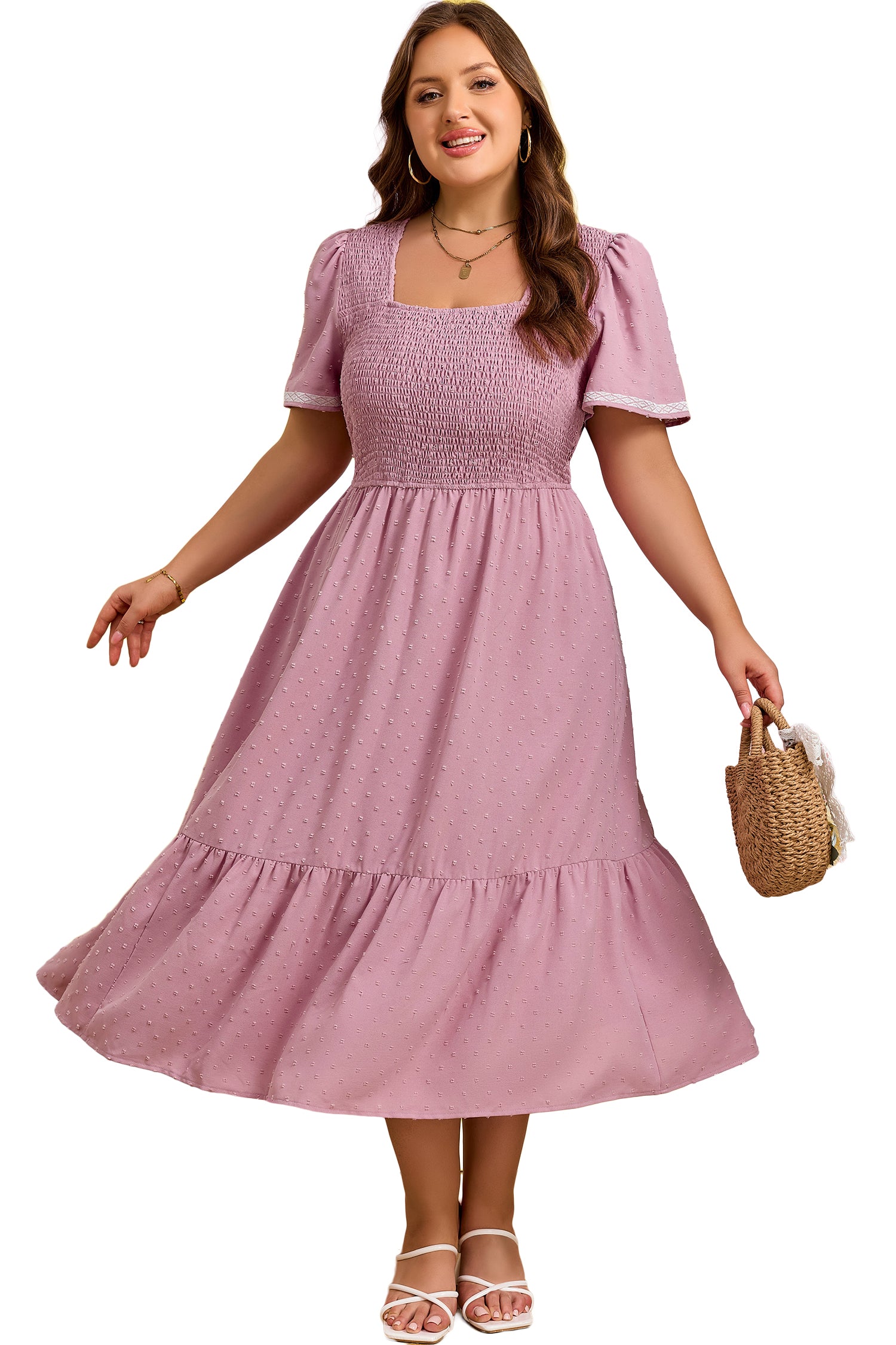 Plus Size Swiss Dot Smocked High Waist Flowy Midi Dress – Pink