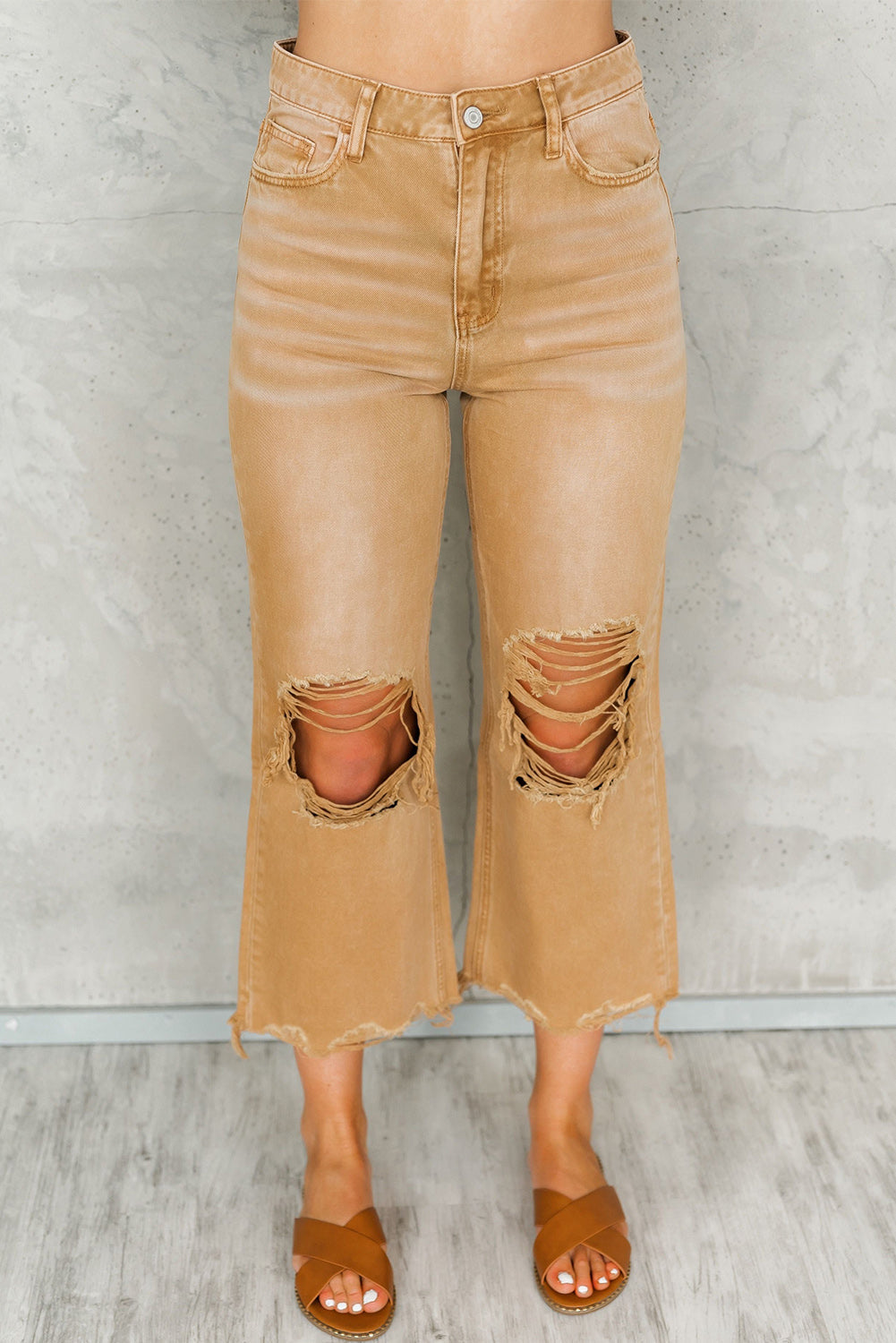 Black Distressed Hollow-out High Waist Cropped Flare Jeans Beagle Boutique Fashion Outlet