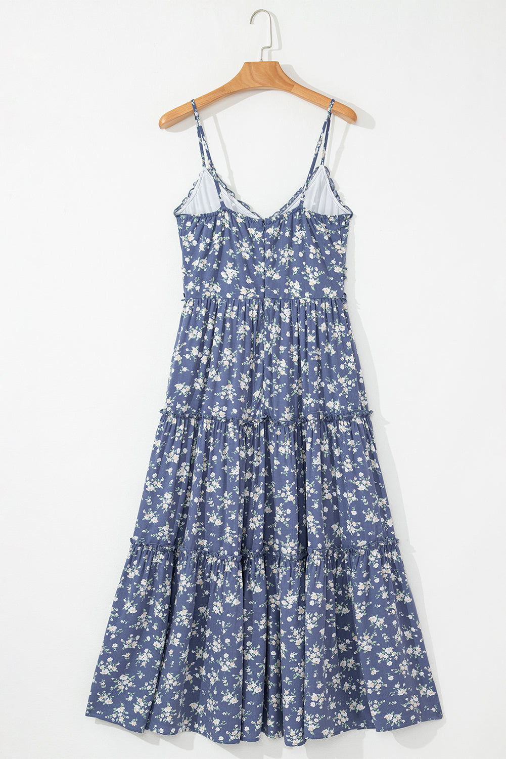 Blue Floral Spaghetti Strap Frilled V Neck Tiered Midi Dress eAura