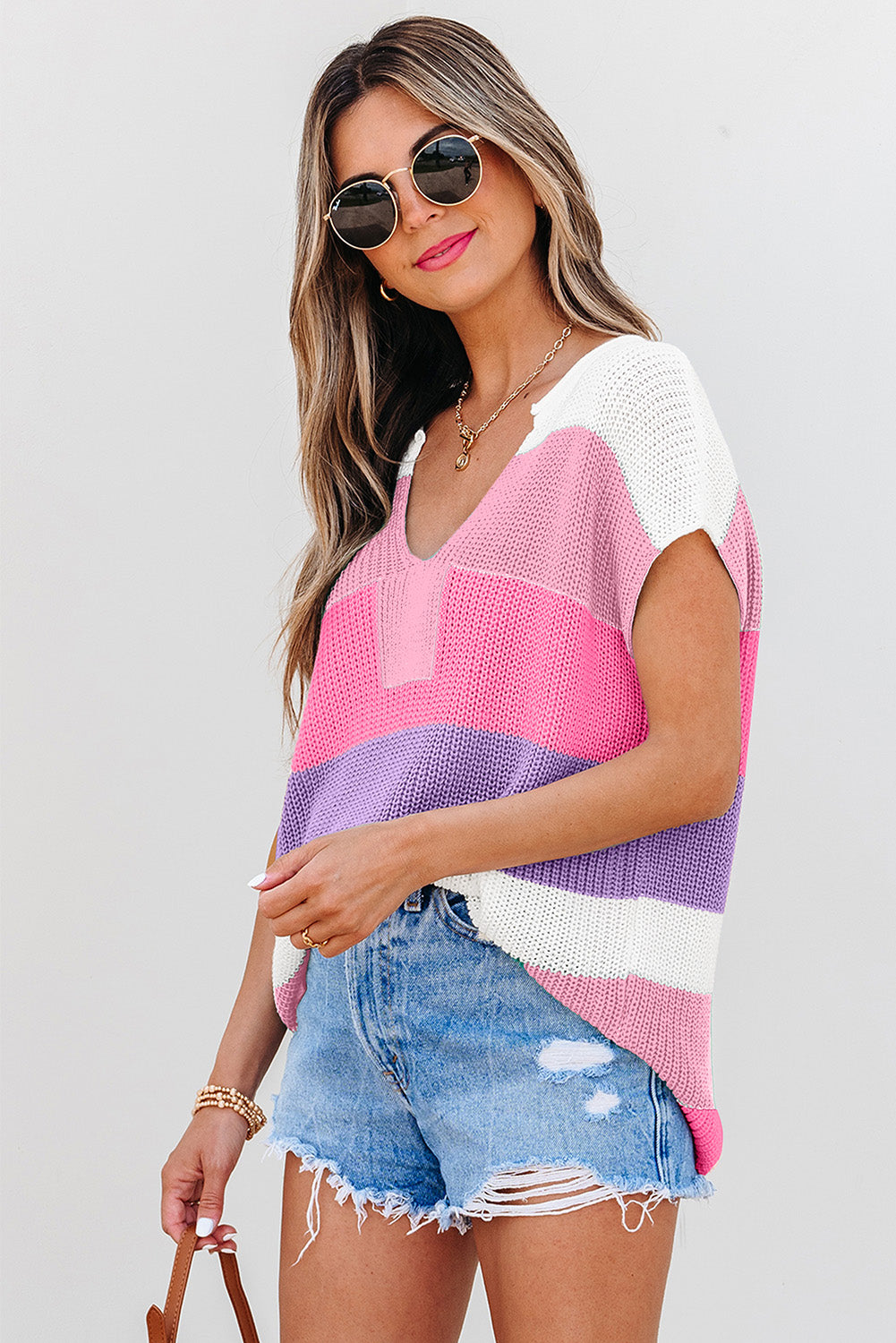 Pink Color Block Notch V Neck Sweater T Shirt eAura