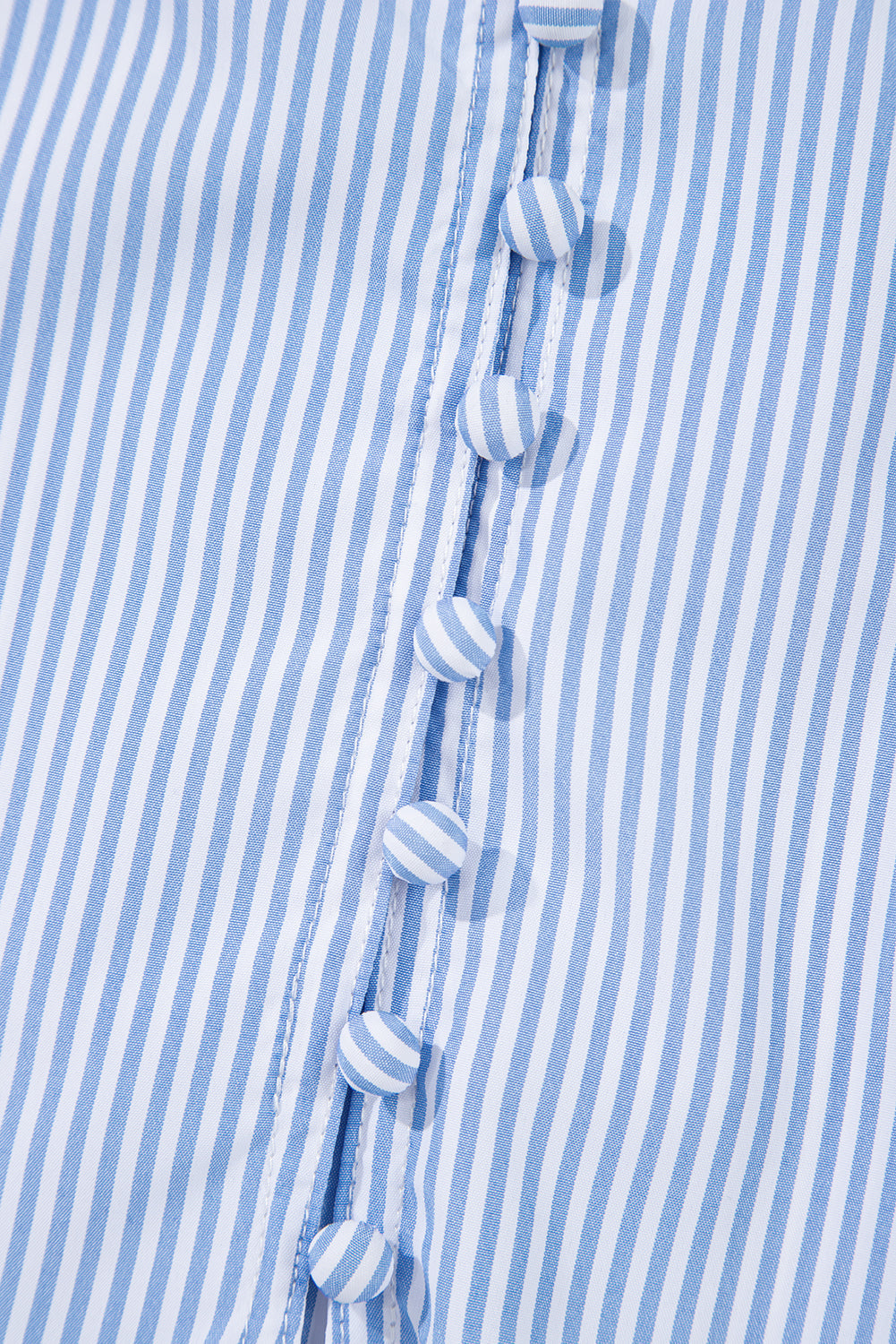 Blue Stripe Ruffled Collar Puff Sleeve Half Buttons Blouse eAura
