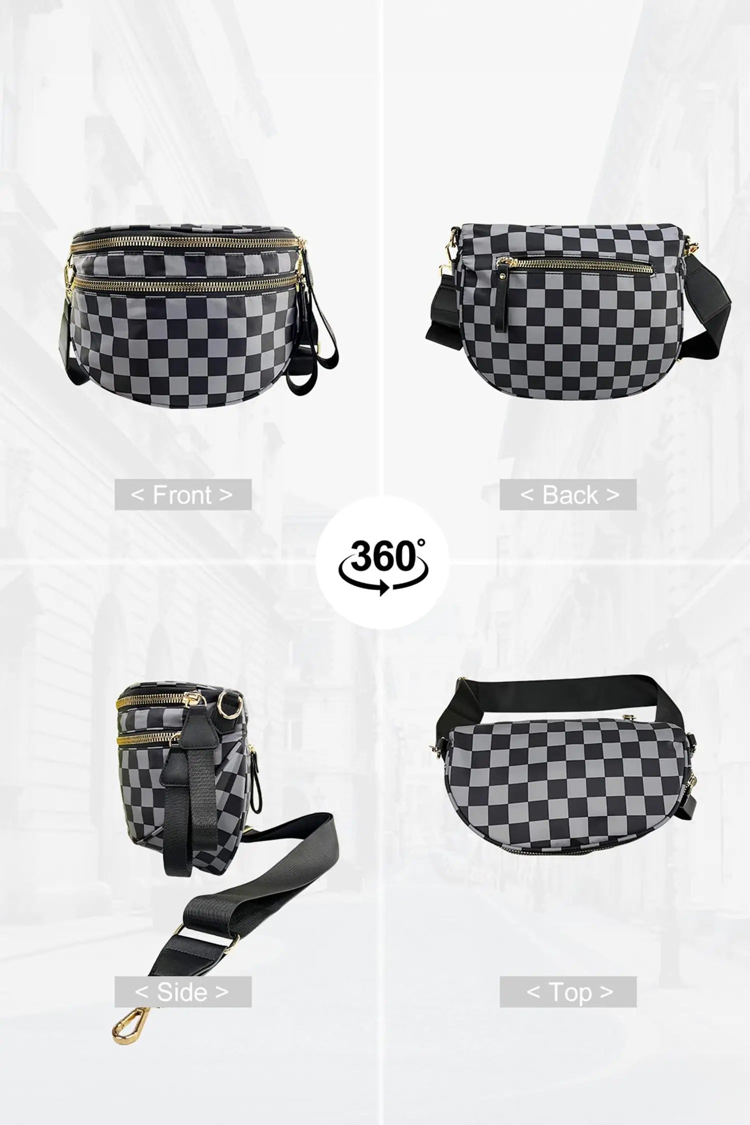 Dark Grey Checkered Print Wide Strap Large Crossbody Bag