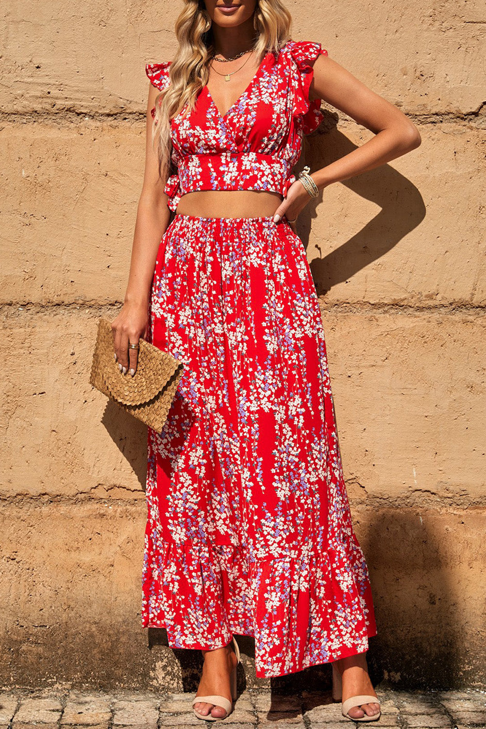 MultiColour Floral Ruffled Crop Top and Maxi Skirt Set eAura