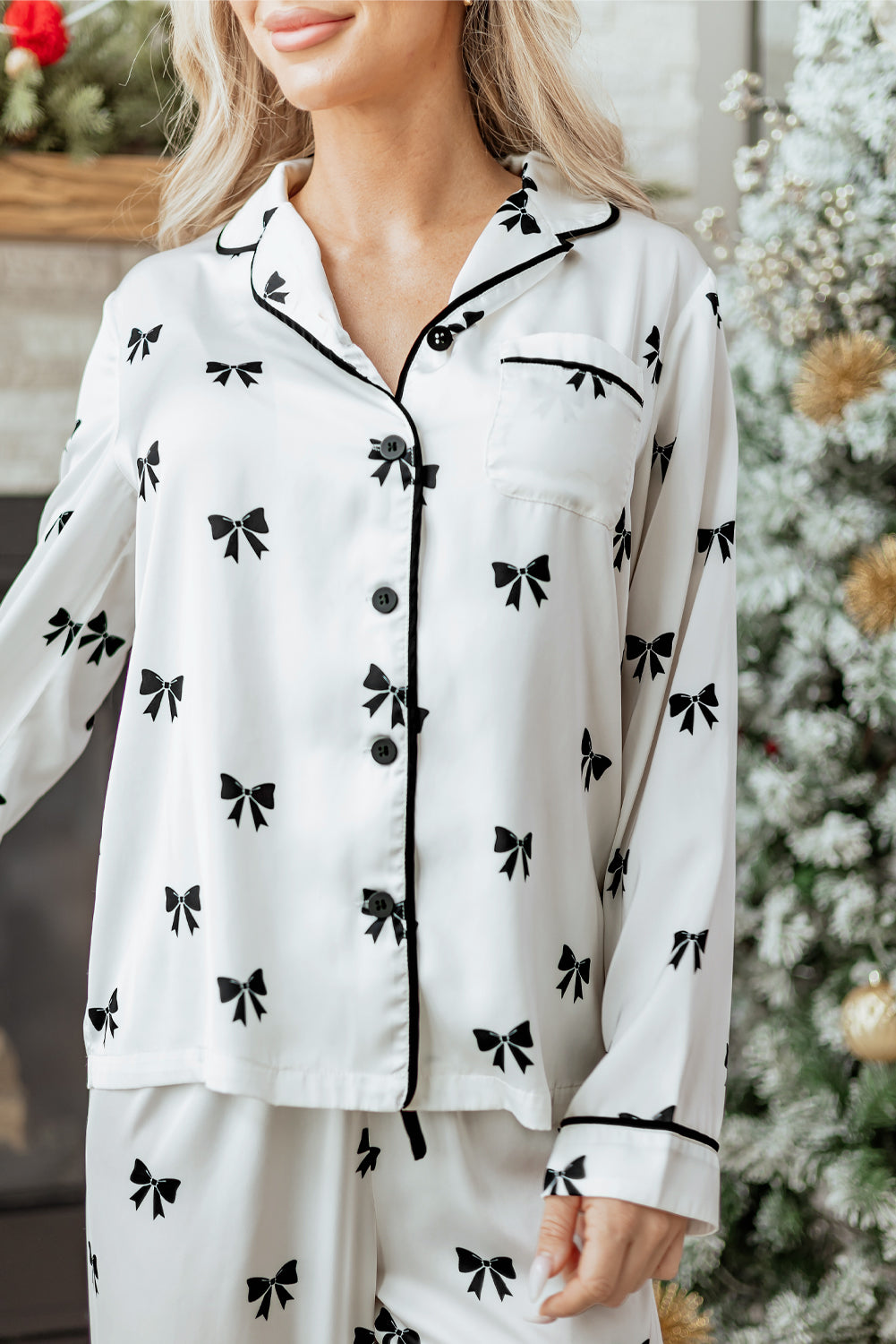 White Bows Print Two Piece Pyjama Set - eAura