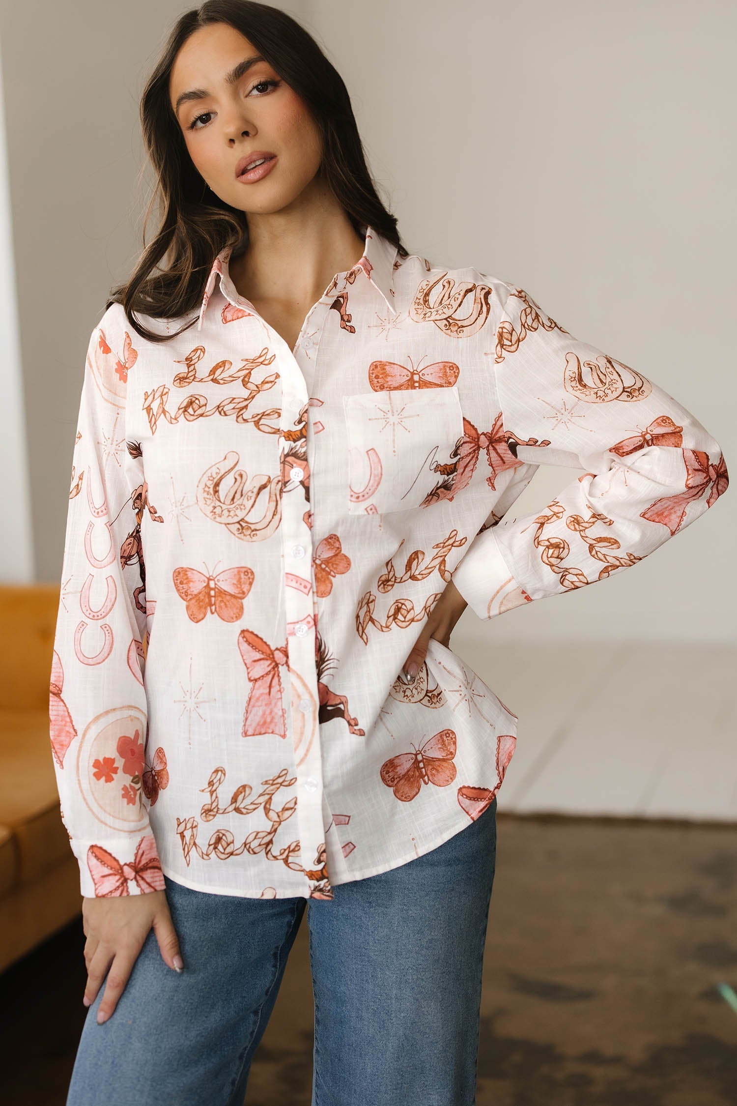 White Rodeo Cowgirl Print Western Button up Shirt - Tops/Blouses & Shirts
