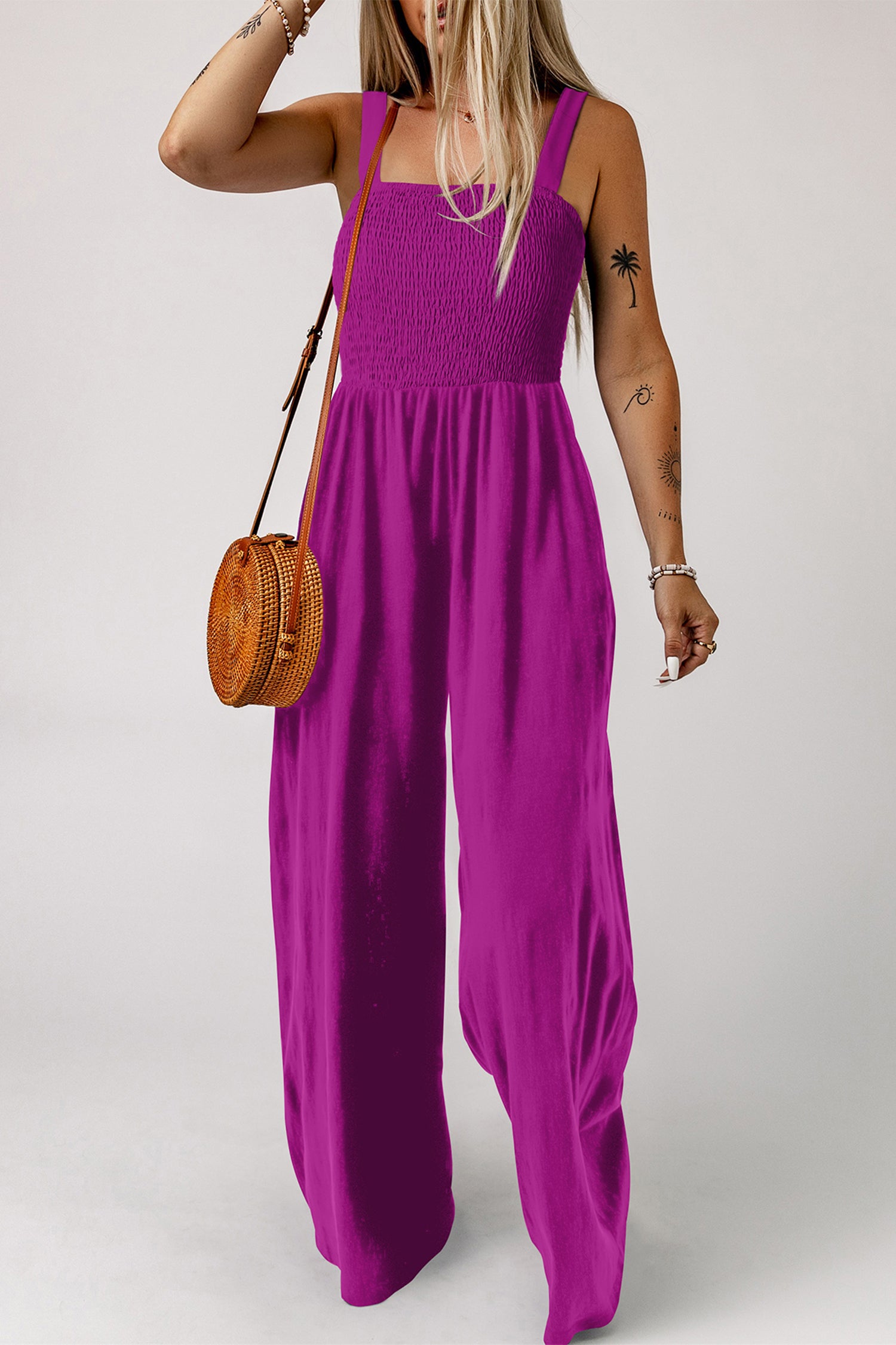 Smocked Square Neck Sleeveless Wide Leg Jumpsuit with Pockets – Purple