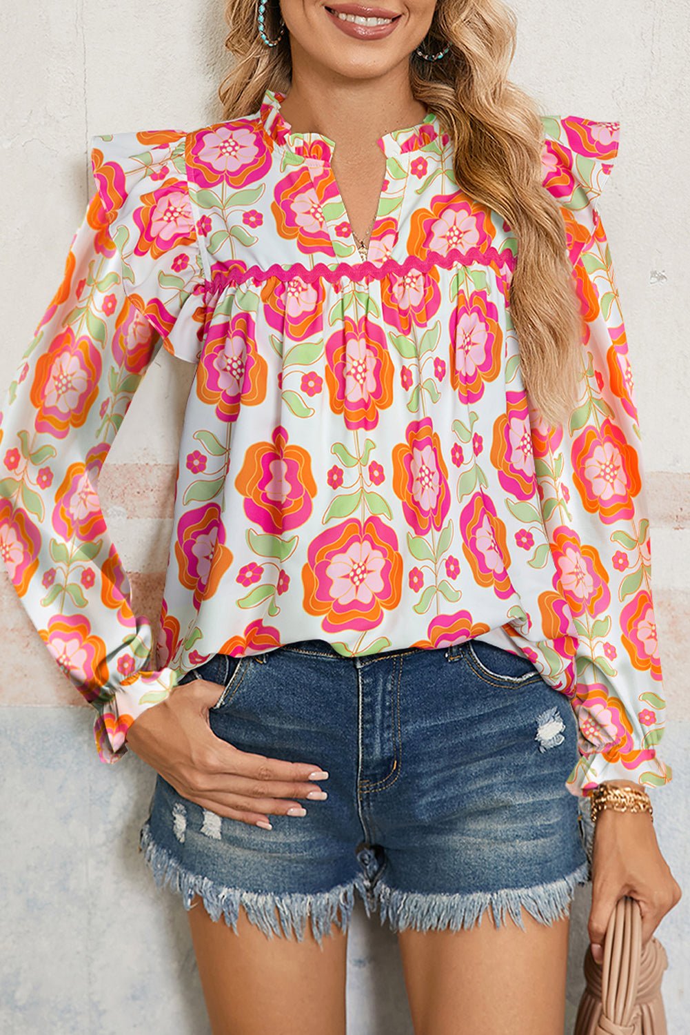 Rose Floral Printed Ruffled Long Sleeve Blouse - eAura