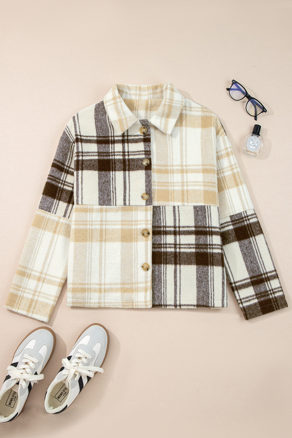 Multicolour Plaid Patchwork Side Pockets Buttoned Shacket - eAura