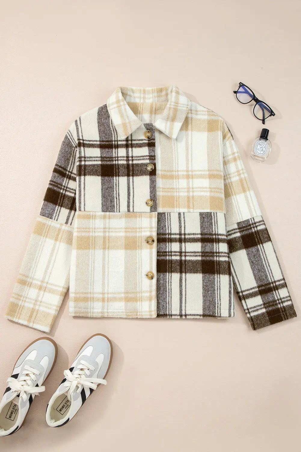 Multicolour Plaid Patchwork Side Pockets Buttoned Shacket - Outerwear/Plaid Shackets