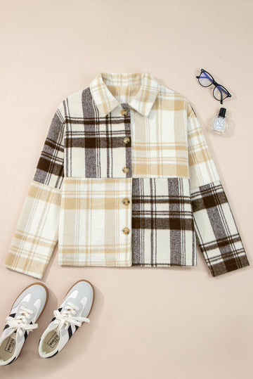 Multicolour Plaid Patchwork Side Pockets Buttoned Shacket - eAura