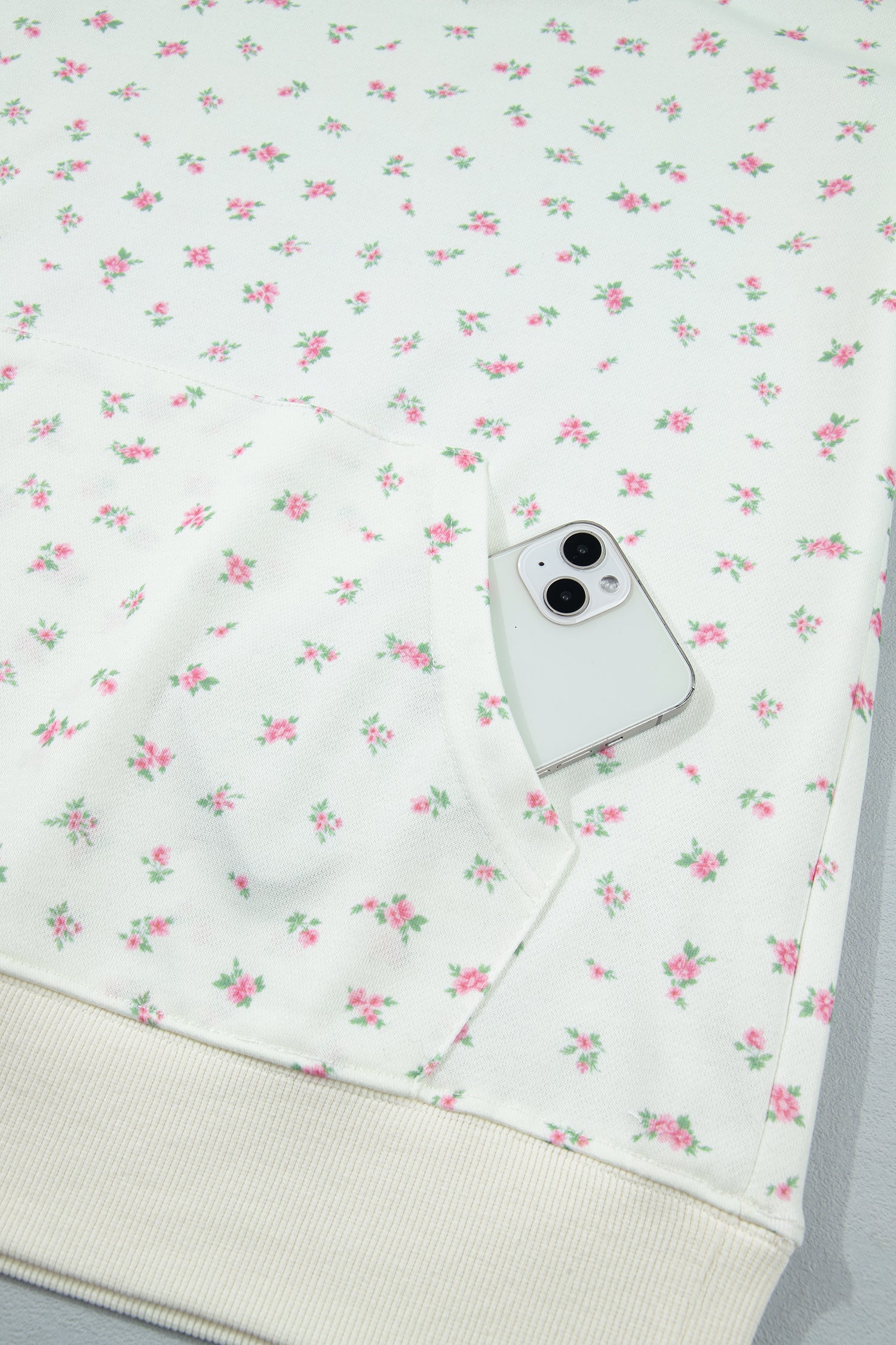 Floral Print Ribbing Drawstring Hem Long Sleeve Hoodie – White