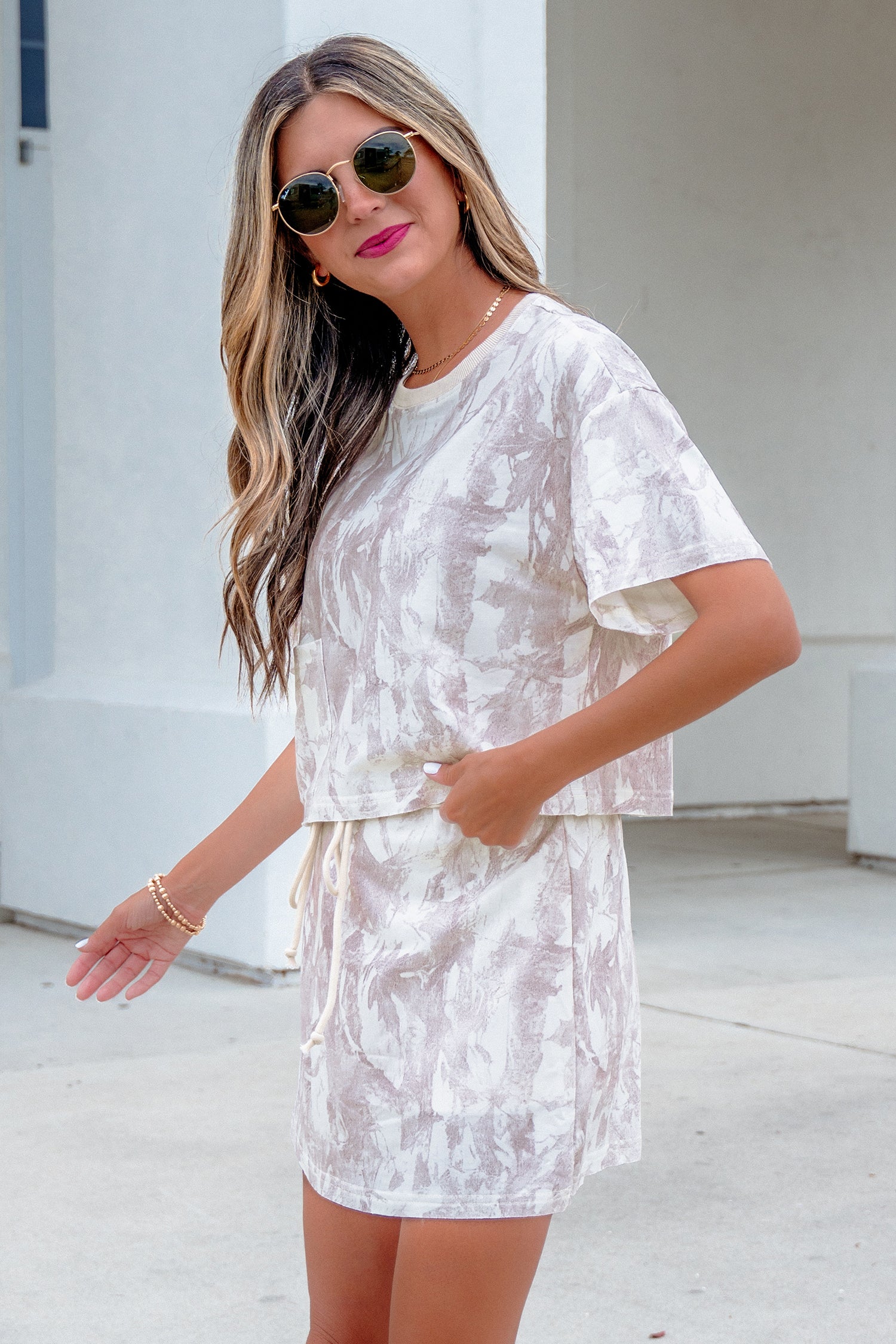 Gray Woodland Camo Print Raw Edge Cropped Top & Skirt Set