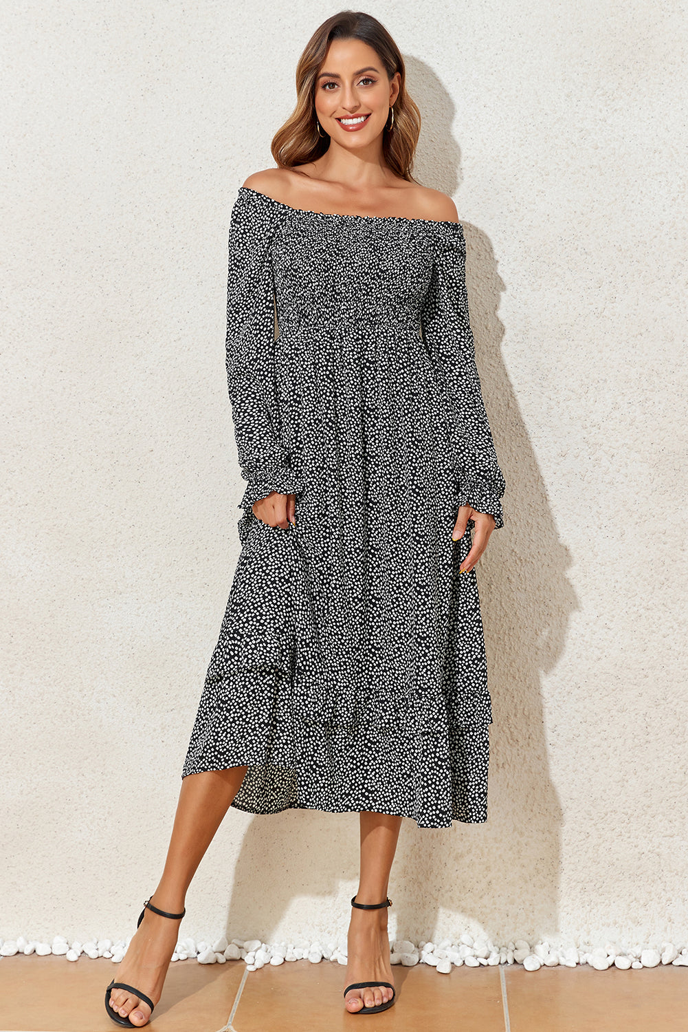 Black Floral Printed Long Sleeve Square Neck Midi Dress eAura