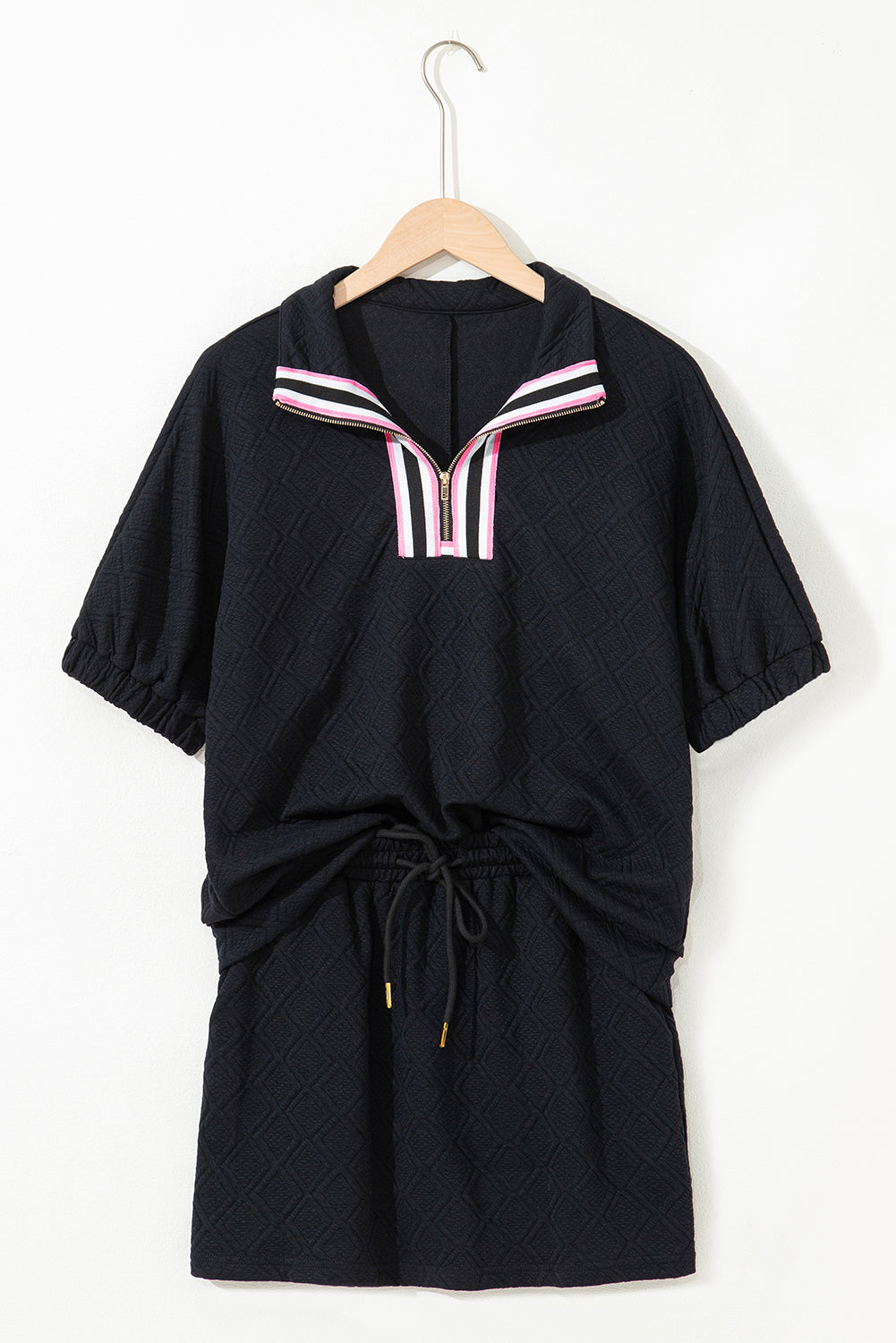Black Striped Collared Zip up Textured Skirt Co-ord Set eAura