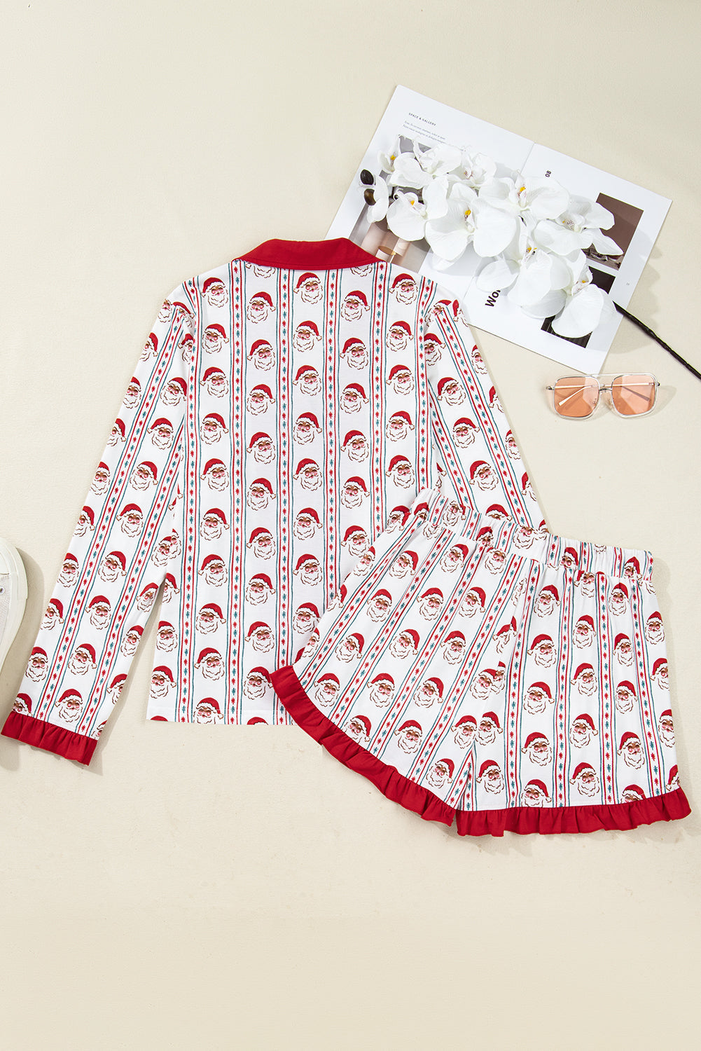 White Santa & Stripes Ruffle Pyjama Shorts Set - eAura
