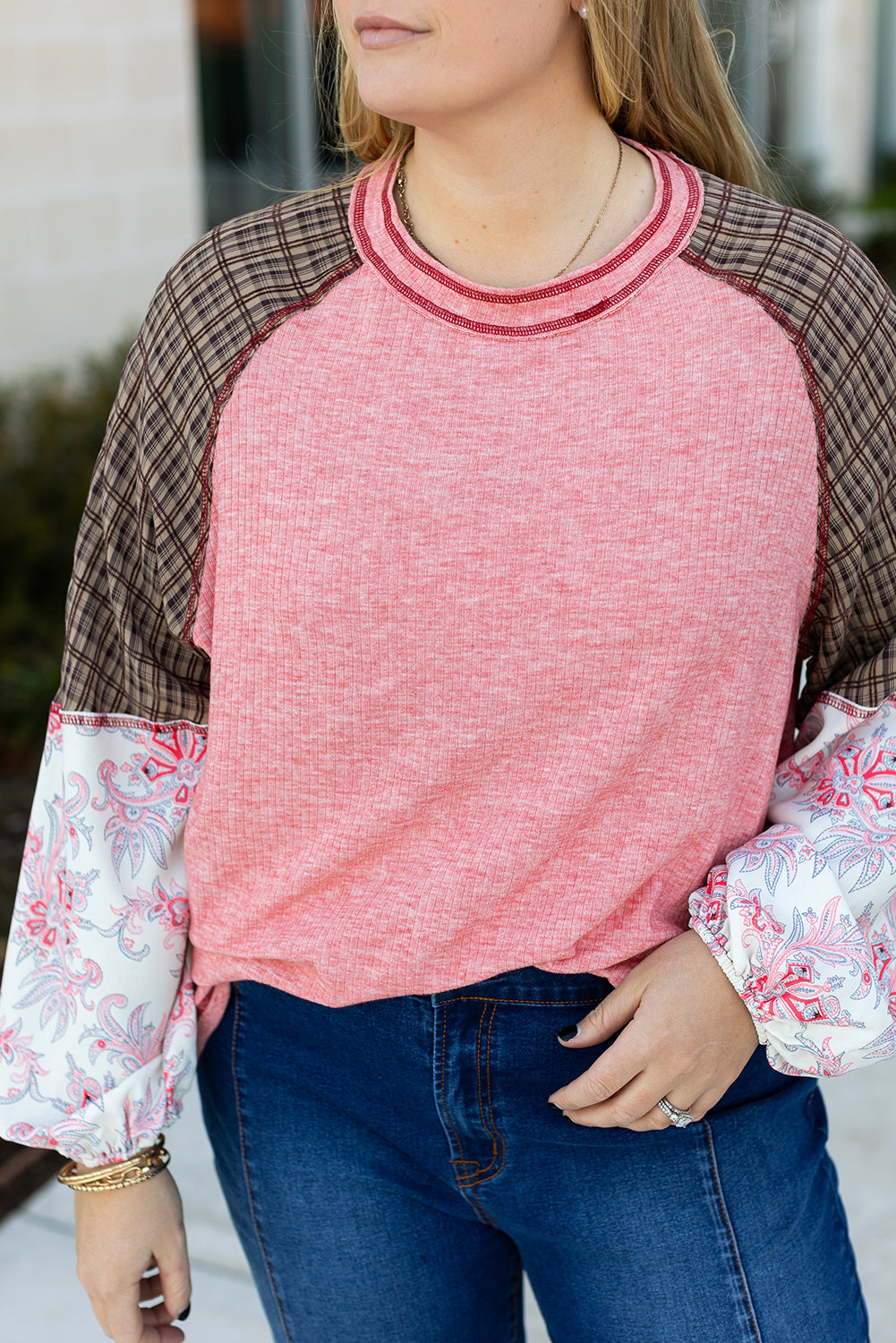 Pink Checkered Paisley Patchwork Raglan Sleeve Seamed Plus Size Top BB Fashion Outlet