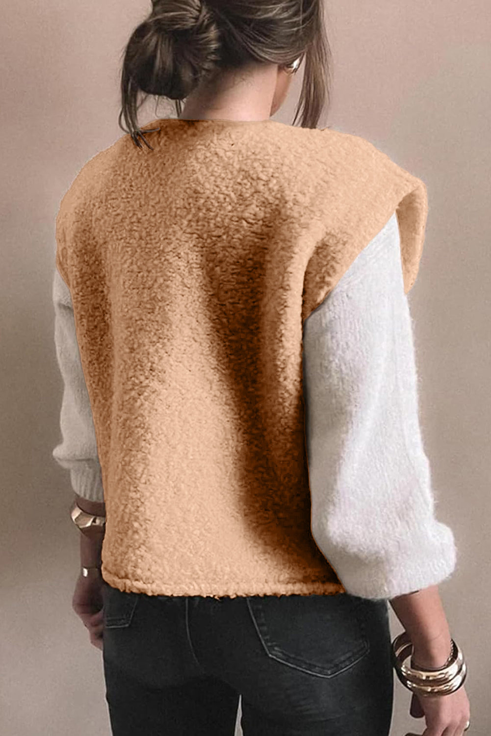 Big Button Accent Fuzzy Pocket Vest – Light French Beige