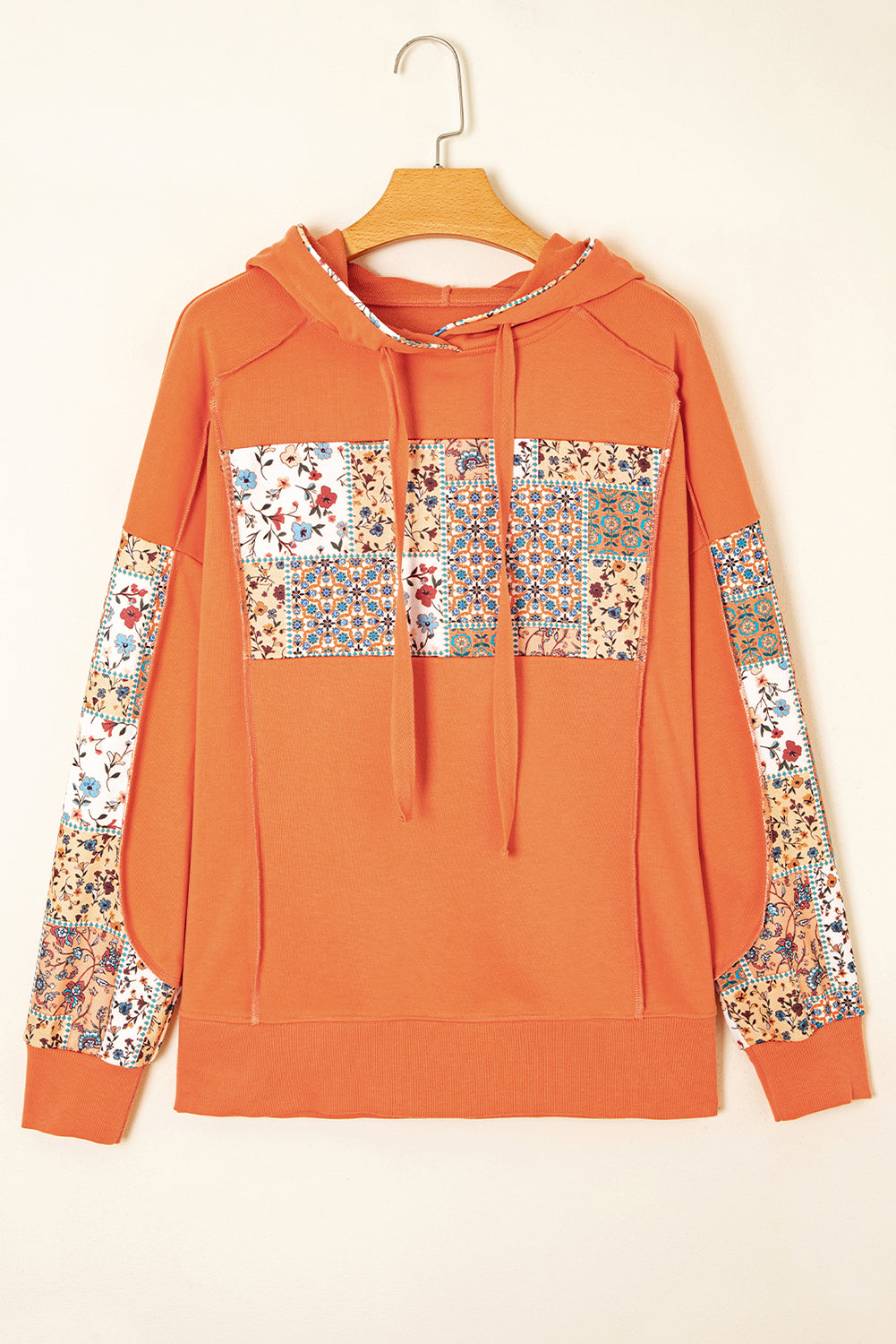 Mix Floral Patchwork Side Slit Drawstring Hoodie eAura