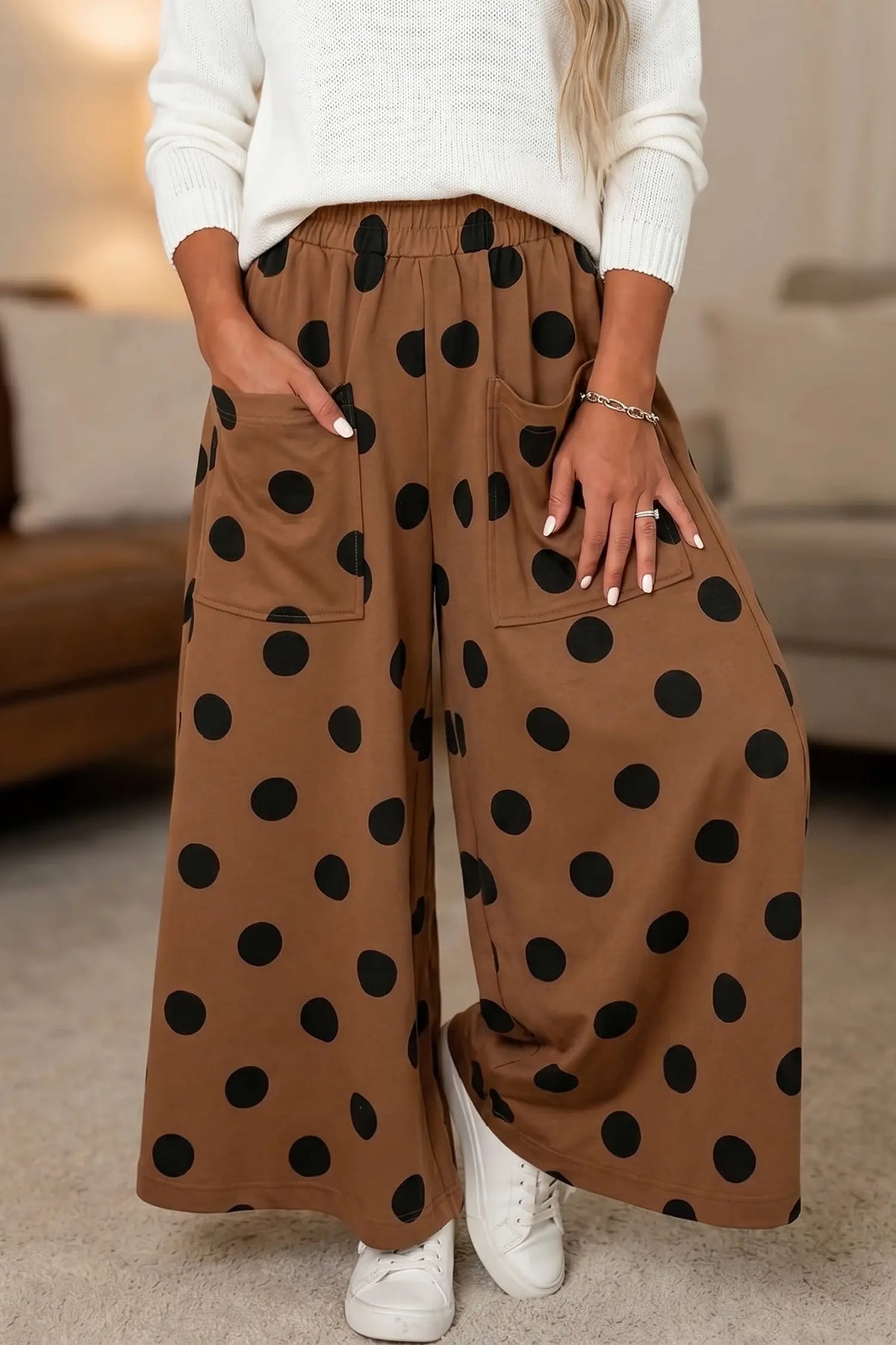 Sky Blue Polka Dot Wide Leg Elastic Waist Casual Pants – Light Blue