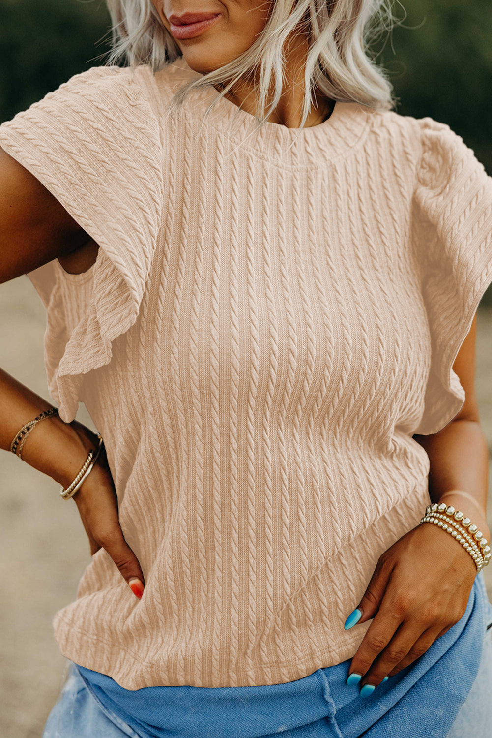 Beige Solid Colour Textured Flutter Sleeve Top eAura