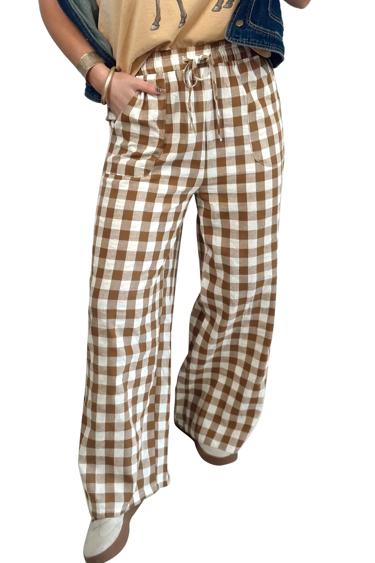 Gingham Plaid Tie Elastic Waist Shift Pants – Brown