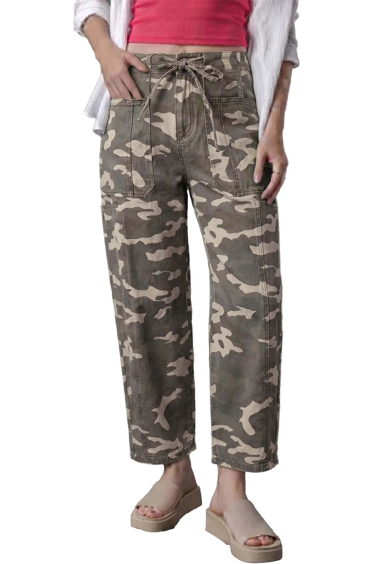 Leopard Printed Drawstring Elastic Waistband Pocketed Barrel Jeans – Green