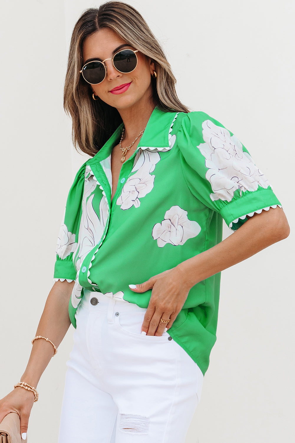 Green Floral Ric Rac Edge Puff Short Sleeve Shirt eAura