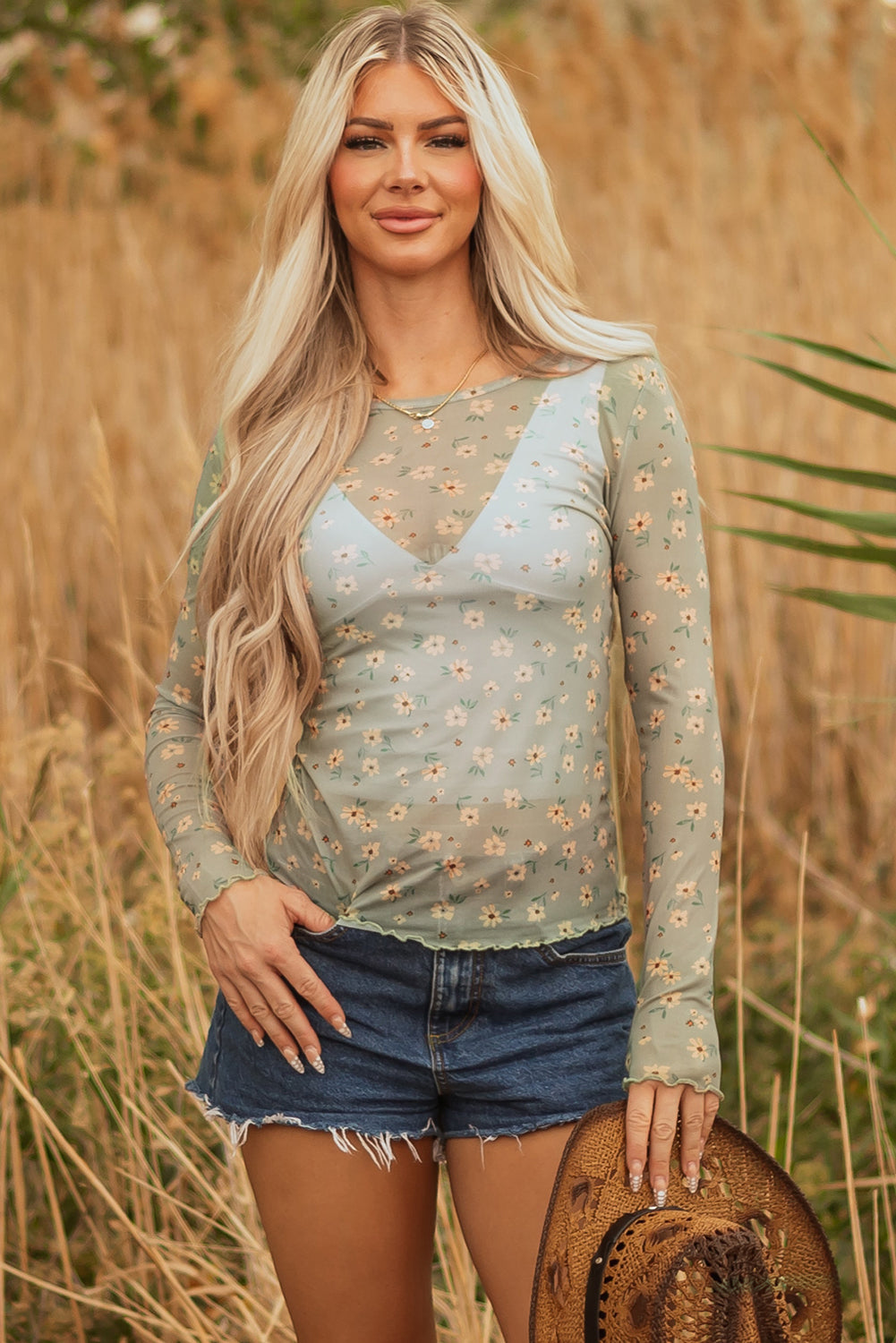 Floral Print Southern Style Mesh Long Sleeve Top eAura