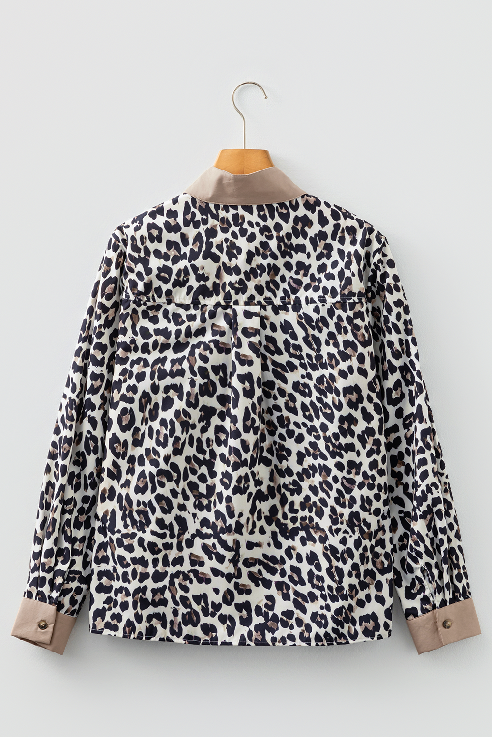 Leopard Print Contrast Patchwork Cuffs Button Collared Top - eAura